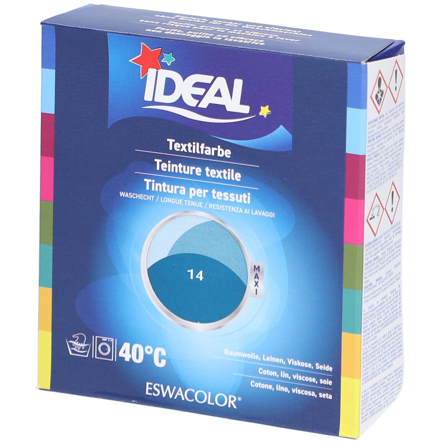 Boîte de teinture textile IDEAL. Bleu et blanc. Illustration du produit et indication 14. Symboles de lavage et 40°C.
