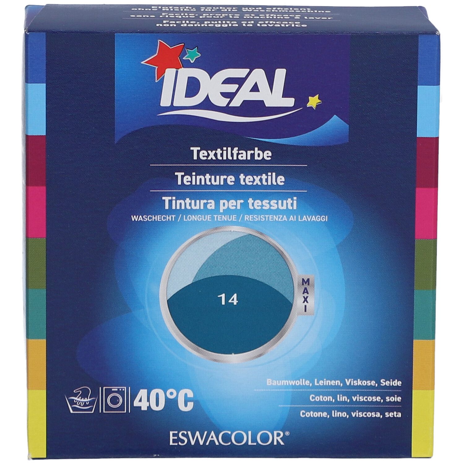 Boîte de teinture textile IDEAL. Bleue, carrée. Illustration du produit, 14, symbole de lavage, 40°C. Marque IDEAL visible.