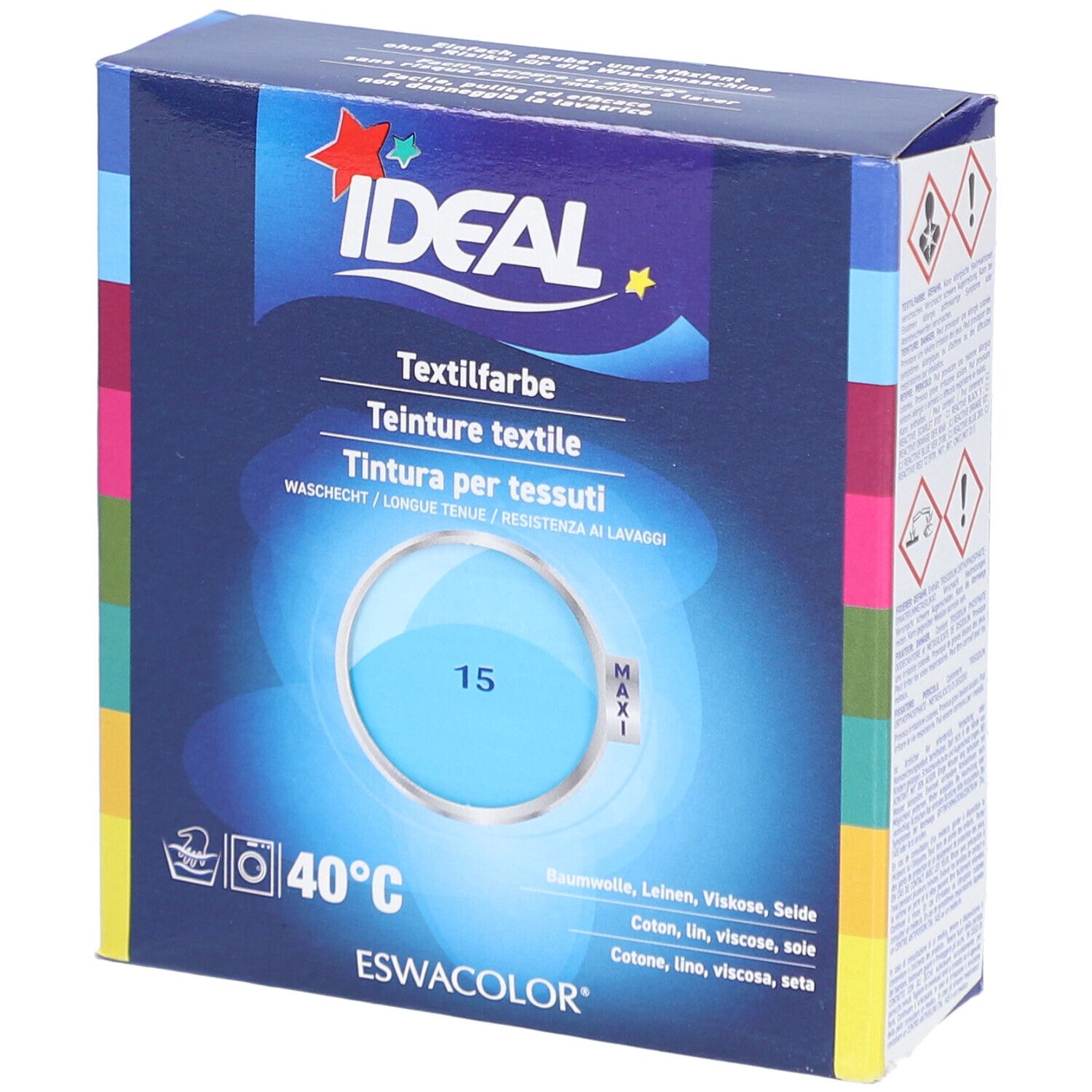 Teinture textile IDEAL, turquoise 15, en boîte. Lavable à 40°C. Contient coton, lin, viscose, soie.