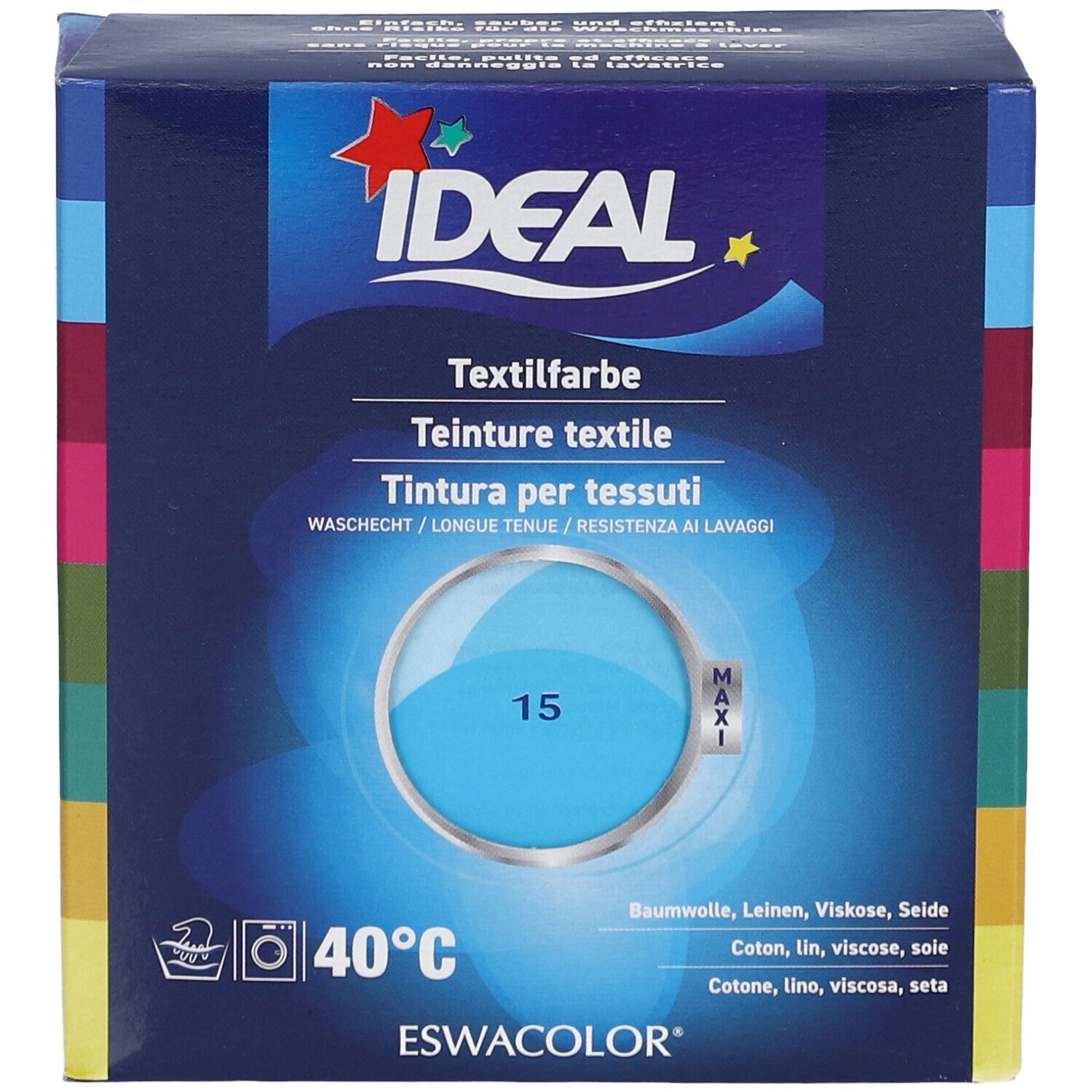 Teinture textile IDEAL, turquoise 15, en boîte. Lavable à 40°C. Contient coton, lin, viscose, soie.