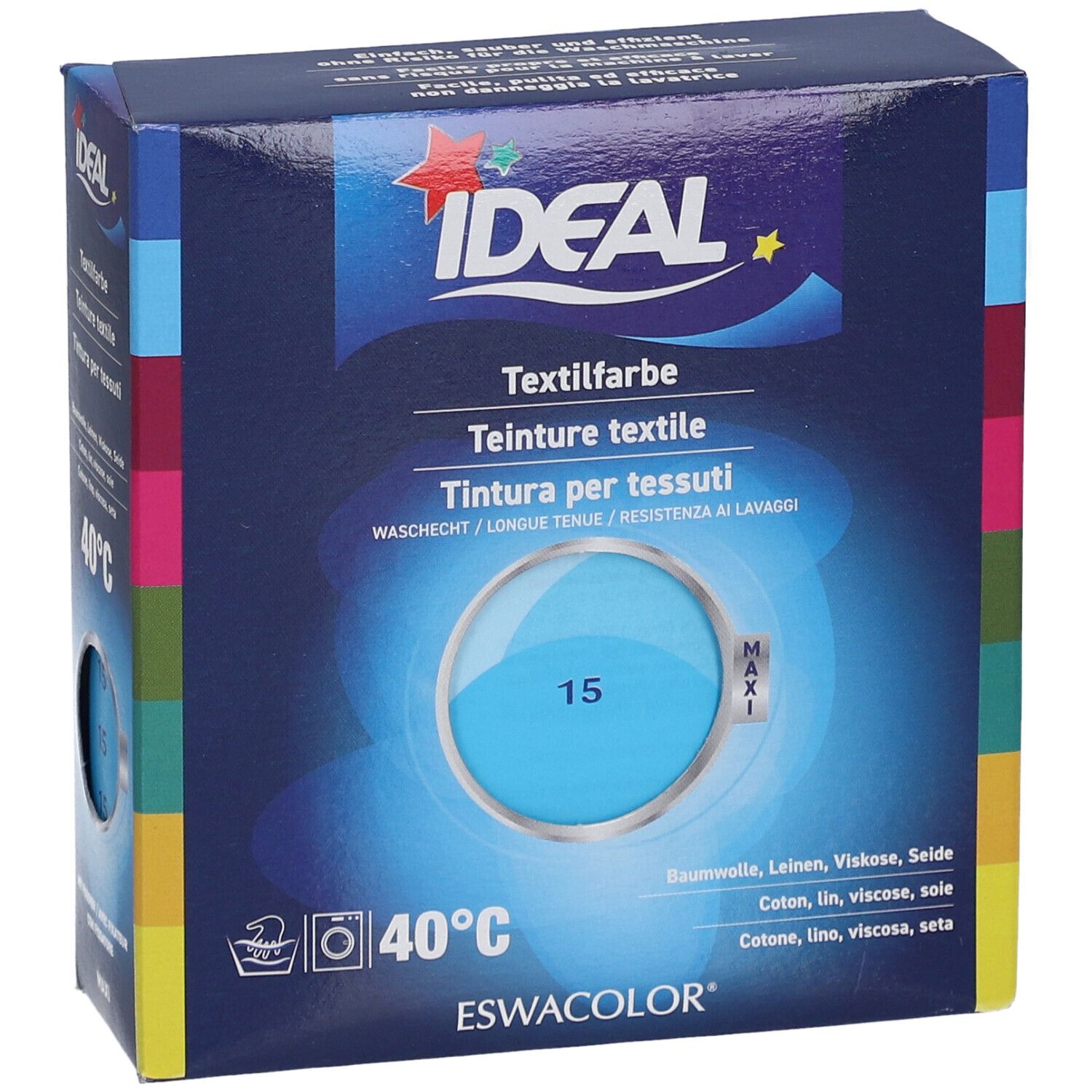 Teinture textile IDEAL, turquoise 15, en boîte. Lavable à 40°C. Contient coton, lin, viscose, soie.