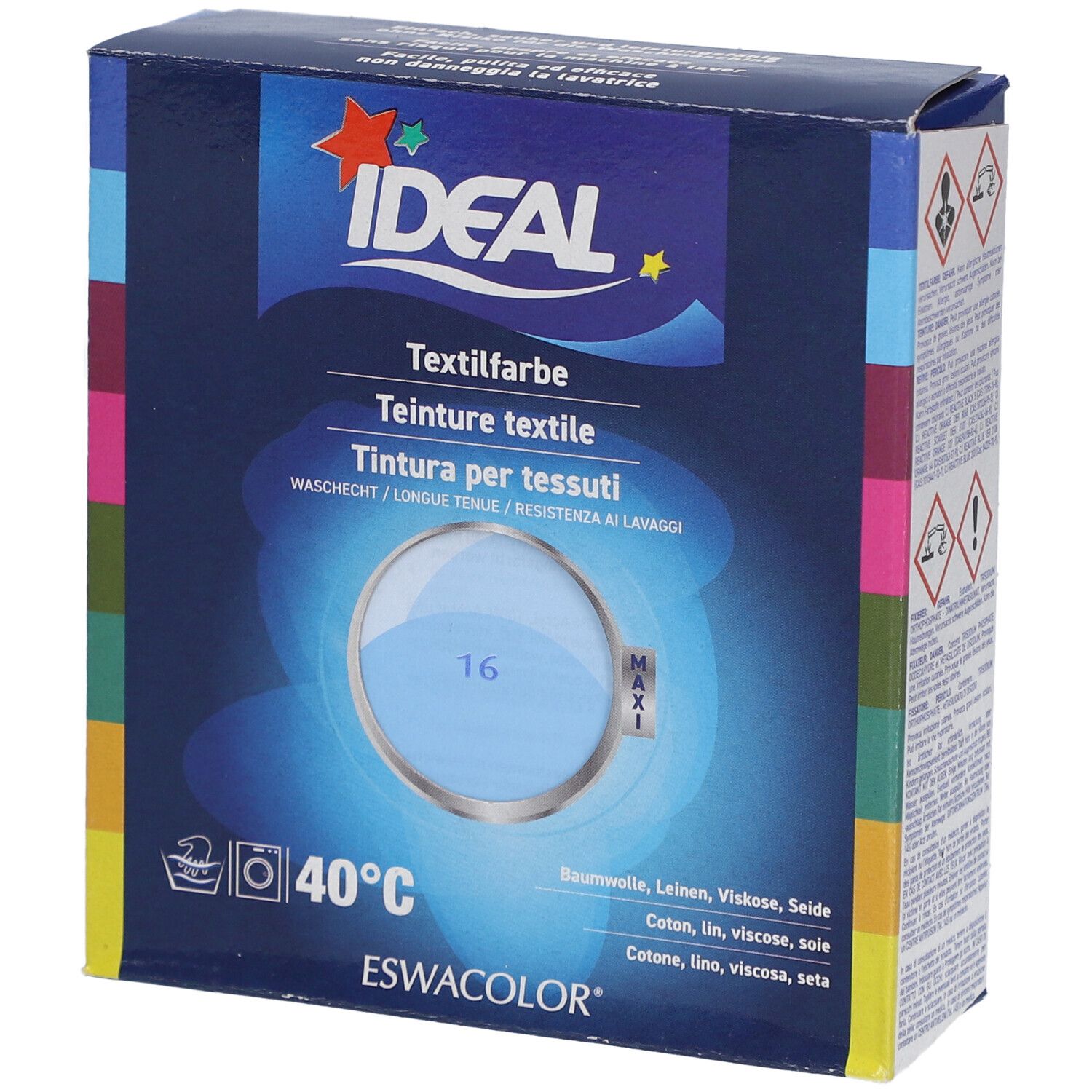 Emballage de teinture textile IDEAL. Boîte bleue avec nom du produit et échantillon de couleur. Contient du colorant textile.