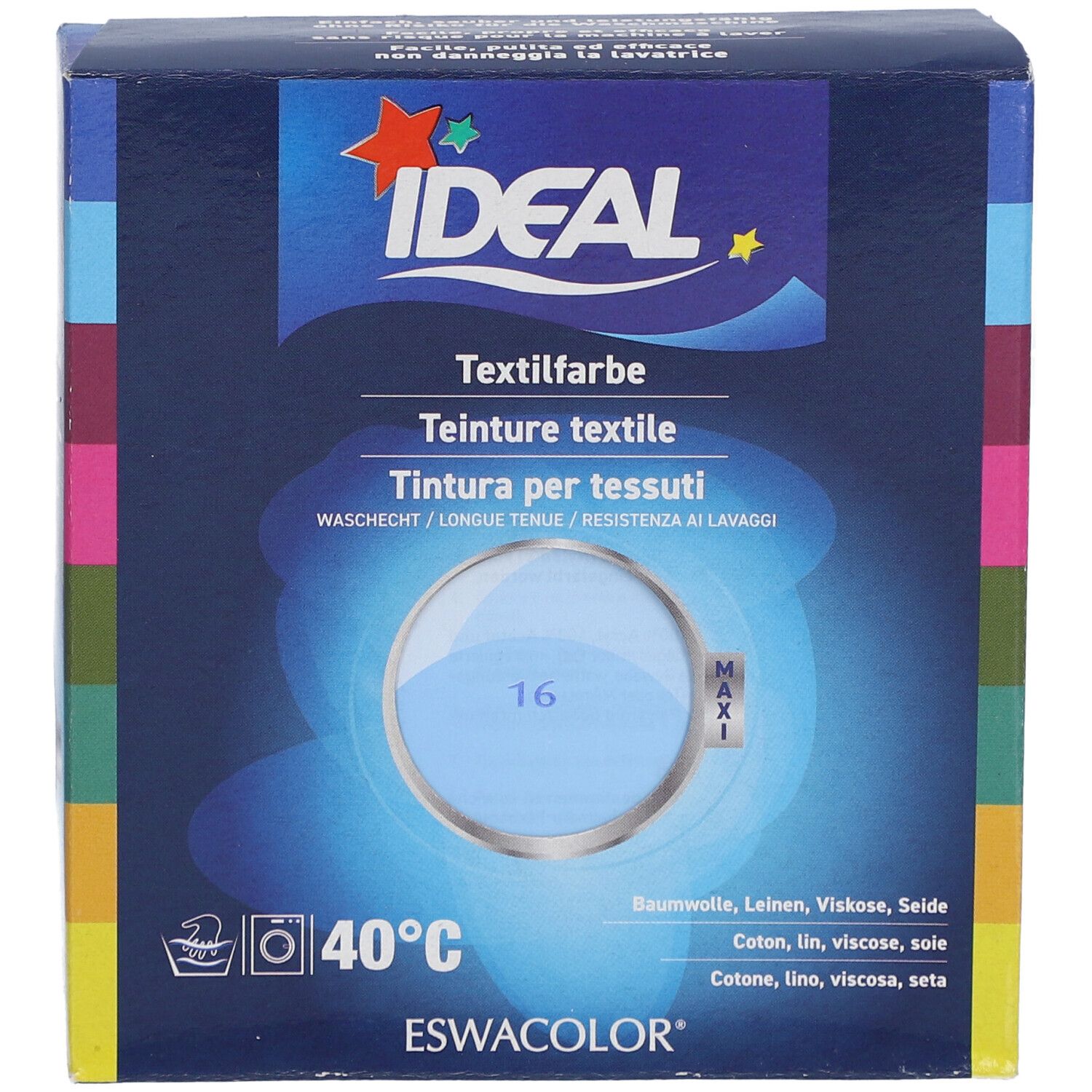 Emballage de teinture textile IDEAL. Boîte bleue avec nom du produit et échantillon de couleur. Contient du colorant textile.