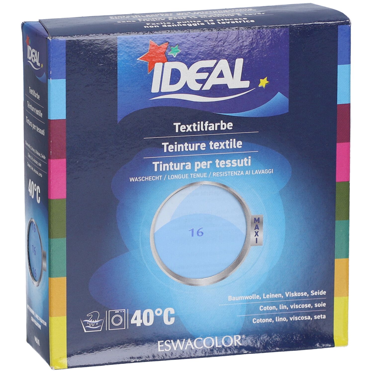 Emballage de teinture textile IDEAL. Boîte bleue avec nom du produit et échantillon de couleur. Contient du colorant textile.