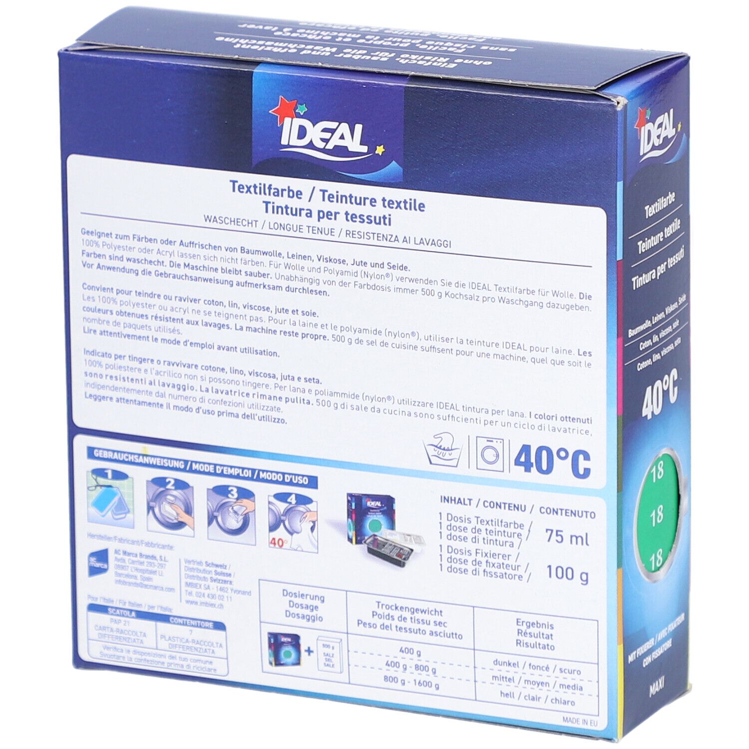 Rückseite der IDEAL Textilfarben-Verpackung. Produktinformationen, Gebrauchsanweisung und Farbprobe. Waschsymbol und 40°C.