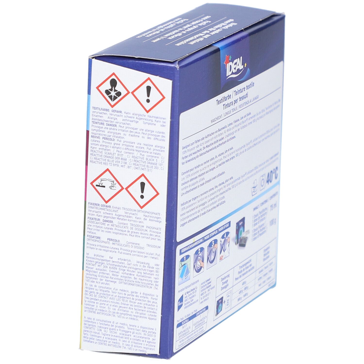 Seitenansicht der IDEAL Textilfarben-Verpackung. Warnhinweise und Produktinformationen. Waschsymbol und 40°C.