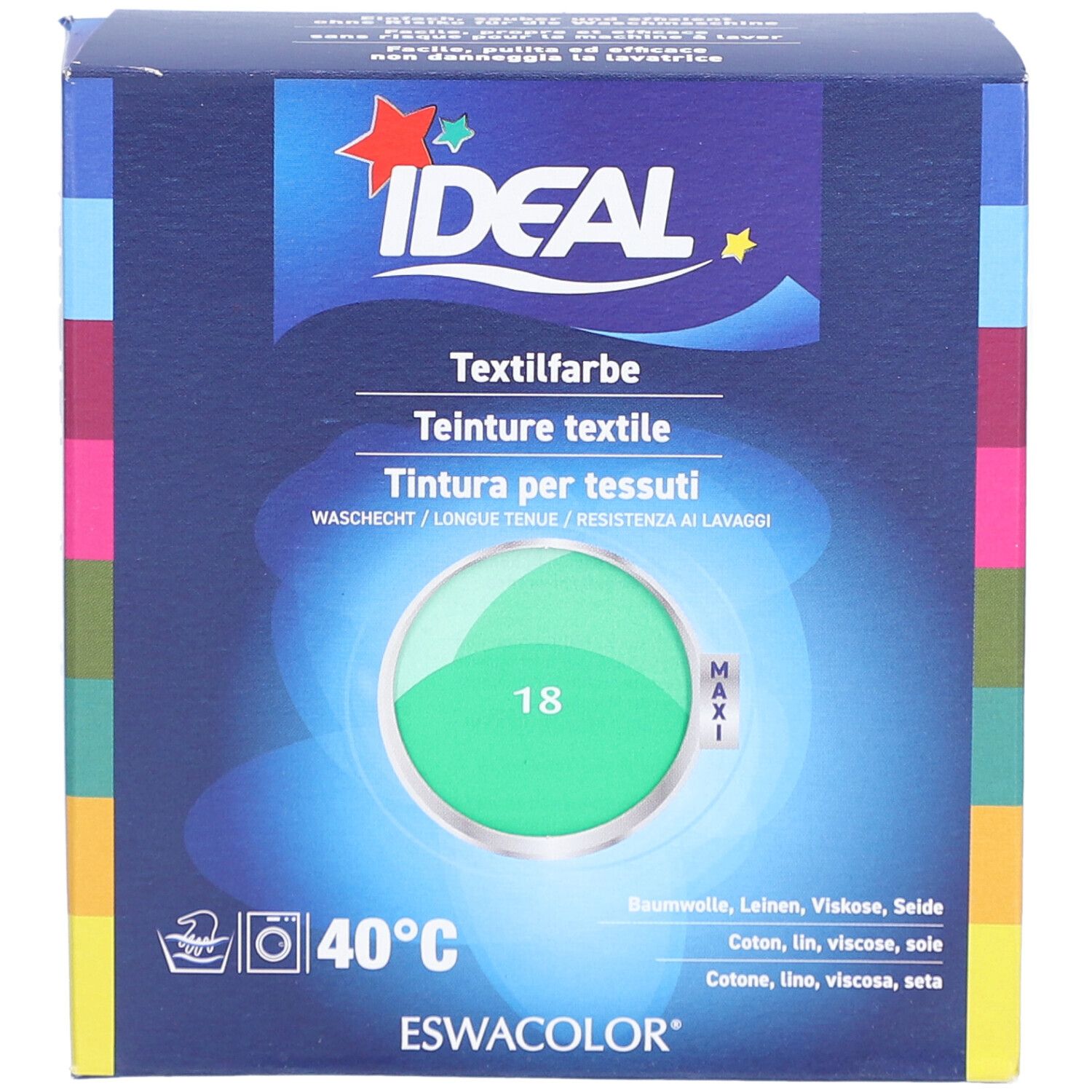 IDEAL Textilfarbe, Mintgrün. Verpackung mit Produktinformationen und Logo. Runde, grüne Farbprobe mit der Nummer 18.