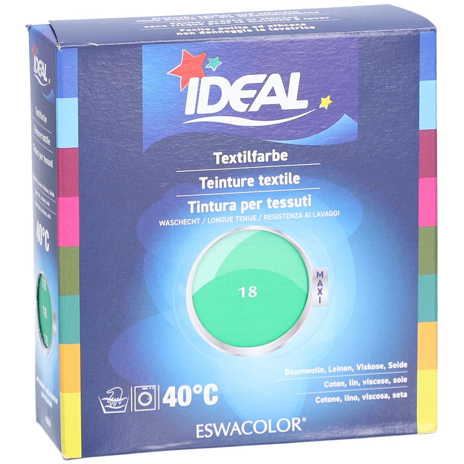 IDEAL Textilfarbe, Mintgrün. Verpackung mit Produktinformationen und Logo. Runde, grüne Farbprobe mit der Nummer 18.