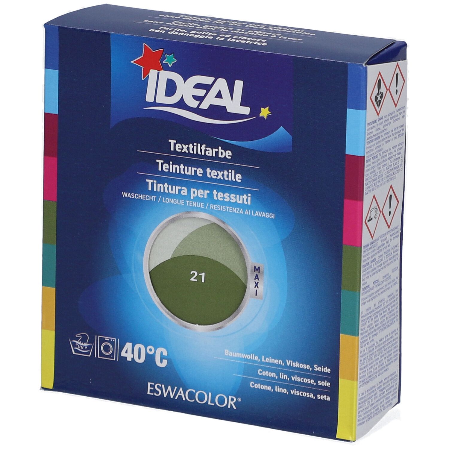 Boîte de teinture textile IDEAL, teinte 21 kaki. Visuel du produit. Instructions de lavage à 40°C. Informations sur les matériaux.
