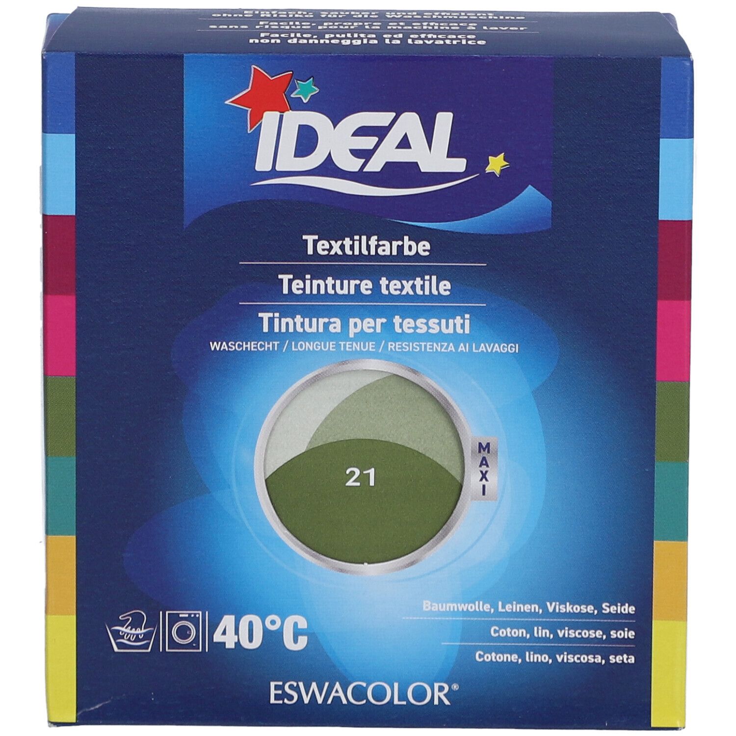 Boîte de teinture textile IDEAL, teinte 21 kaki. Visuel du produit. Instructions de lavage à 40°C. Informations sur les matériaux.
