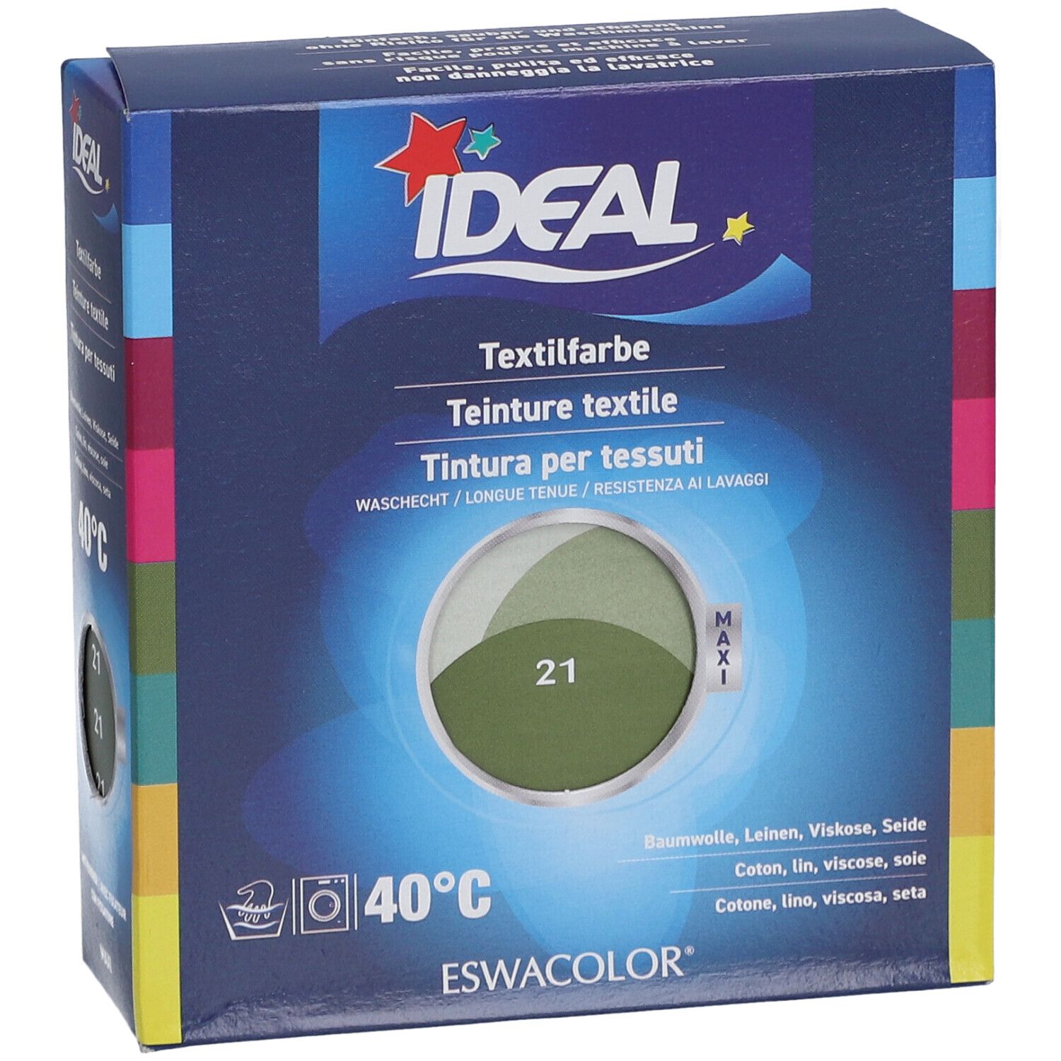 Boîte de teinture textile IDEAL, teinte 21 kaki. Visuel du produit. Instructions de lavage à 40°C. Informations sur les matériaux.