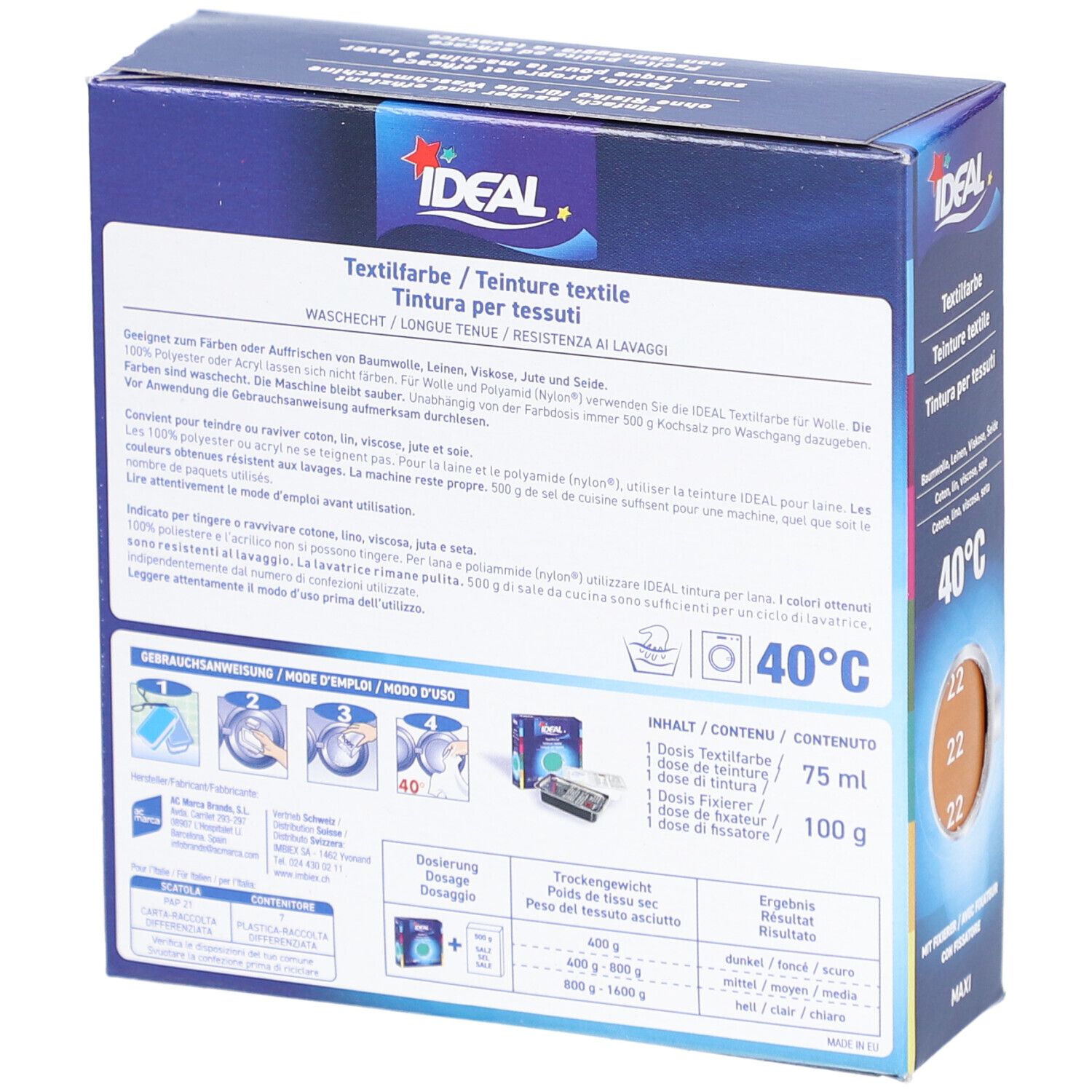 Rückseite der IDEAL Textilfarbe-Verpackung. Waschbeständig. Gebrauchsanweisung und Inhaltsangaben. 40°C. Gold 22.