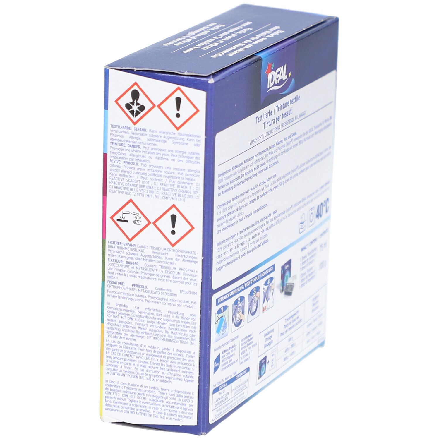 Seitenansicht der IDEAL Textilfarbe-Verpackung. Warnhinweise. Waschbeständig. Gebrauchsanweisung. 40°C.