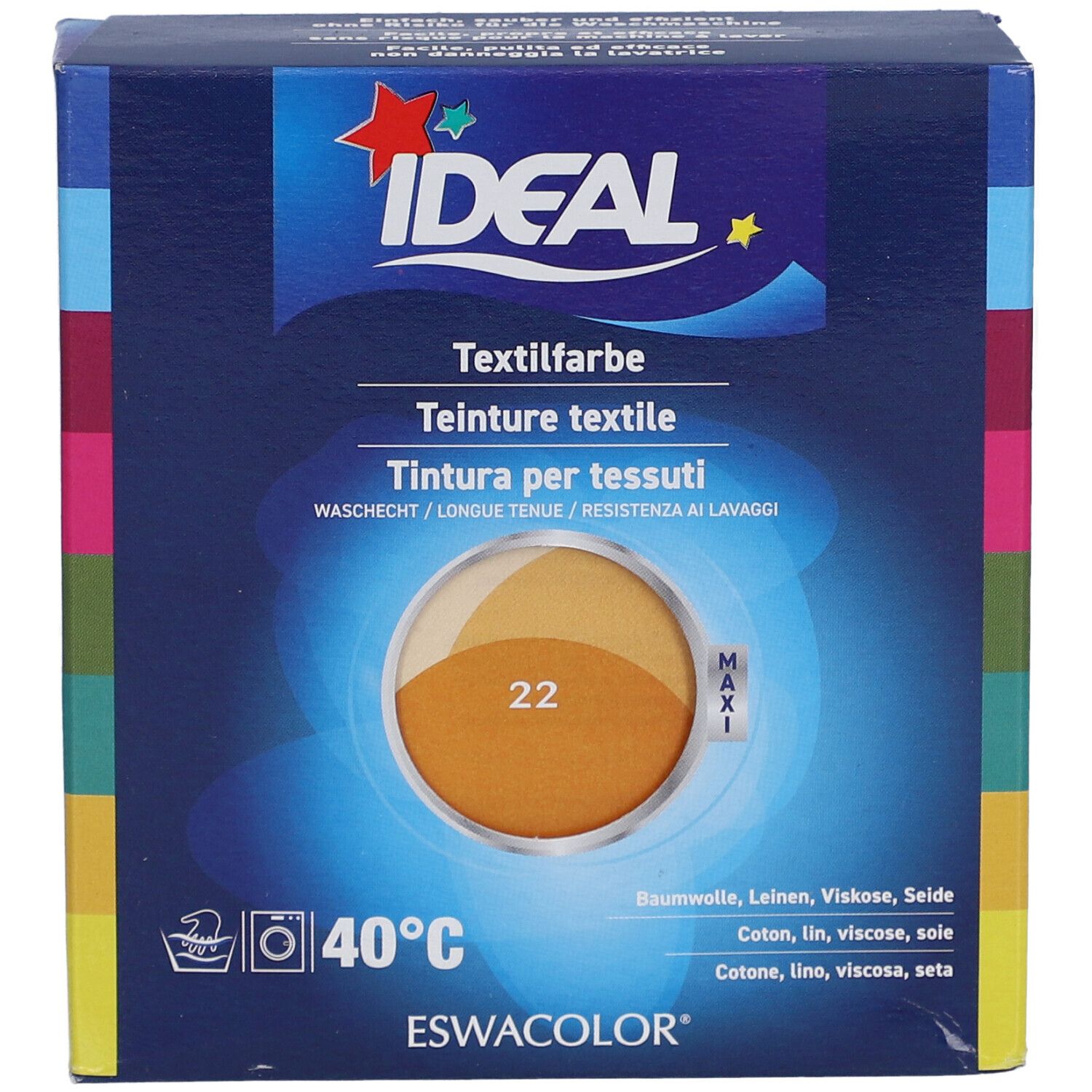 IDEAL Textilfarbe, Gold 22, in Kartonverpackung. Waschbeständig. Für Baumwolle, Leinen, Viskose, Seide. 40°C.