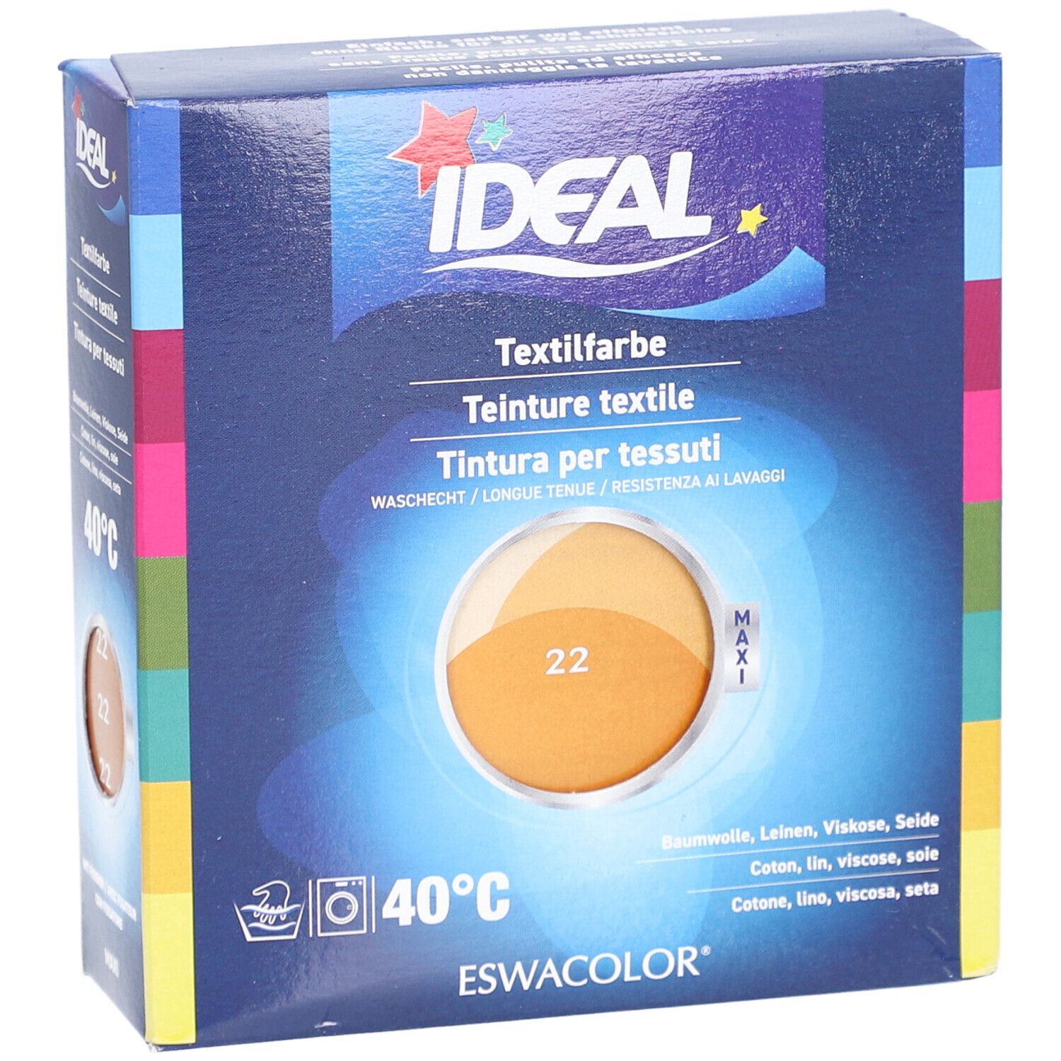 IDEAL Textilfarbe, Gold 22, in Kartonverpackung. Waschbeständig. 40°C. Mit Maxi-Logo. Nahaufnahme.