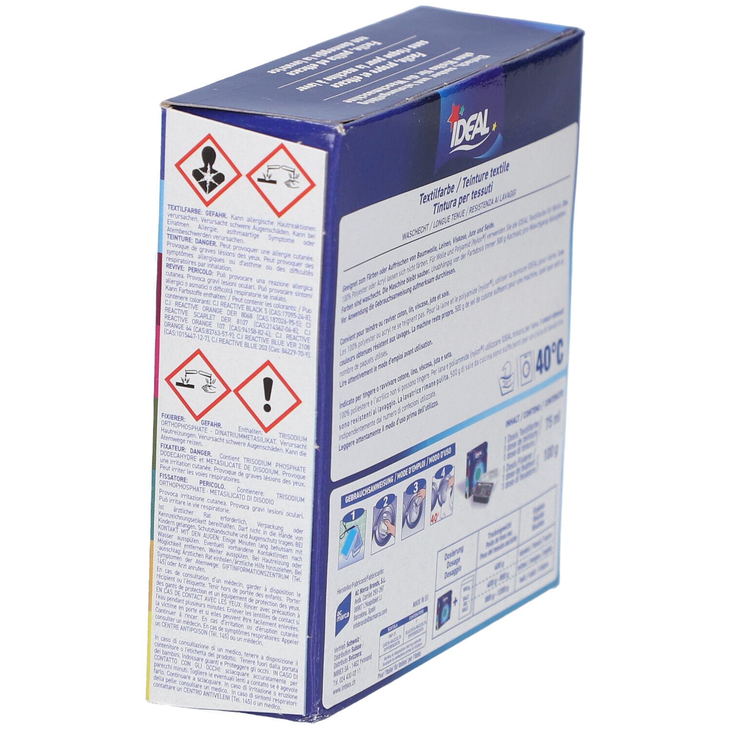 Textilfarben-Verpackung, Warnhinweise. Marke IDEAL. Waschbar bei 40°C. Gebrauchsanweisung. Für Baumwolle, Leinen, Viskose & Seide.