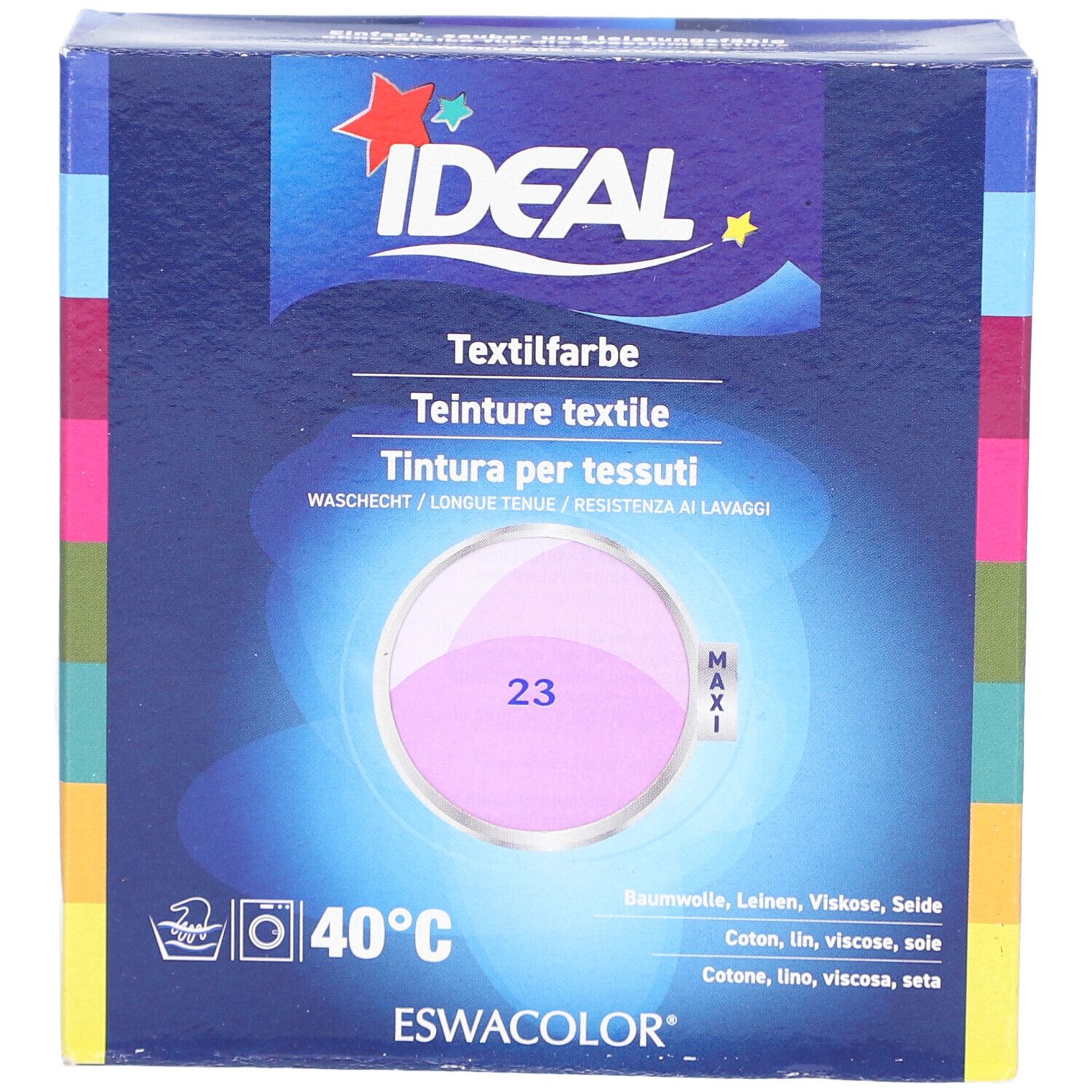 Textilfarben-Verpackung, Flieder. Marke IDEAL. Waschbar bei 40°C. Für Baumwolle, Leinen, Viskose & Seide. Farbkreis mit Nummer 23.