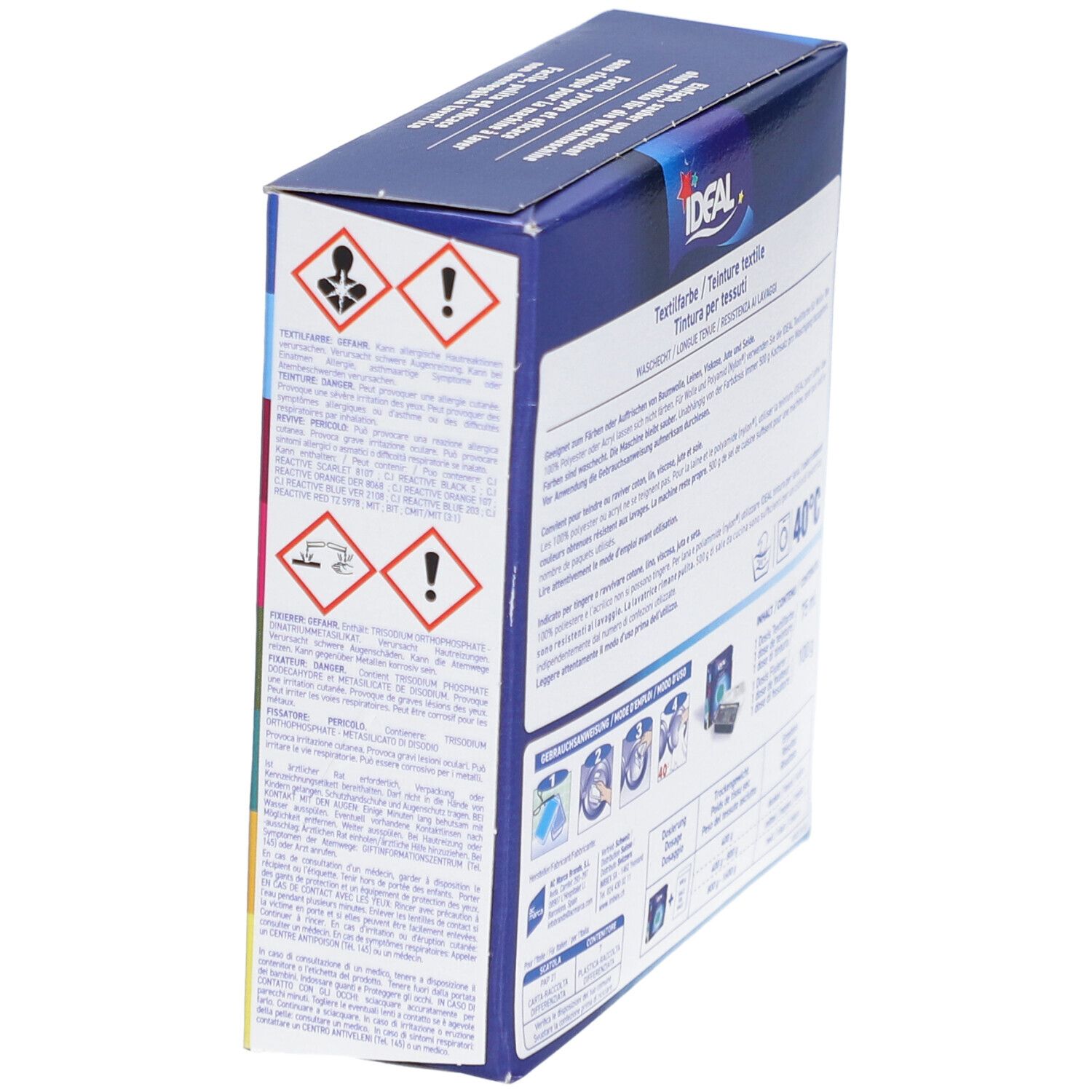 Vue latérale de l'emballage de teinture textile IDEAL. Avertissements et informations. Lavable à 40°C.