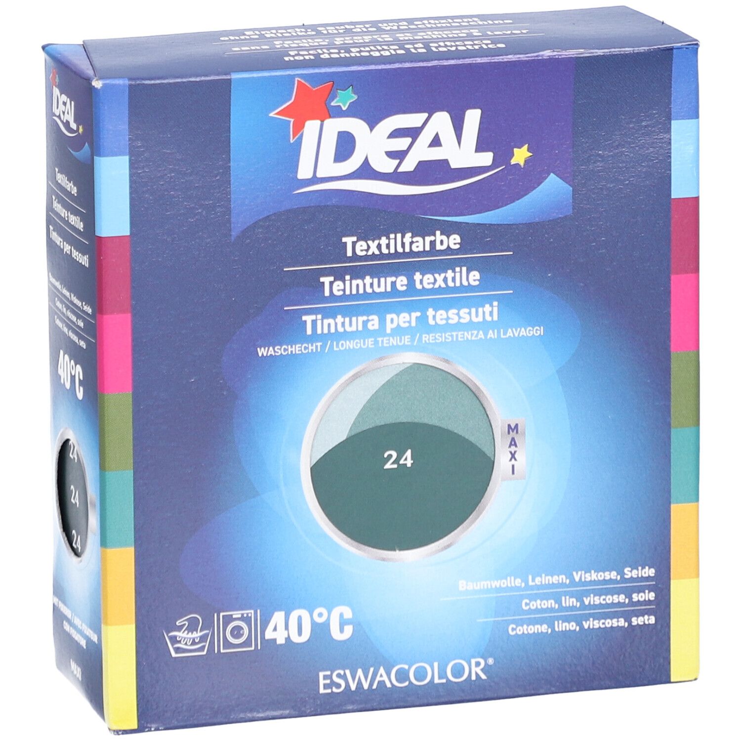 Emballage de teinture textile IDEAL, teinte 24 Tanne. Lavable à 40°C. Pour coton, lin, viscose, soie.