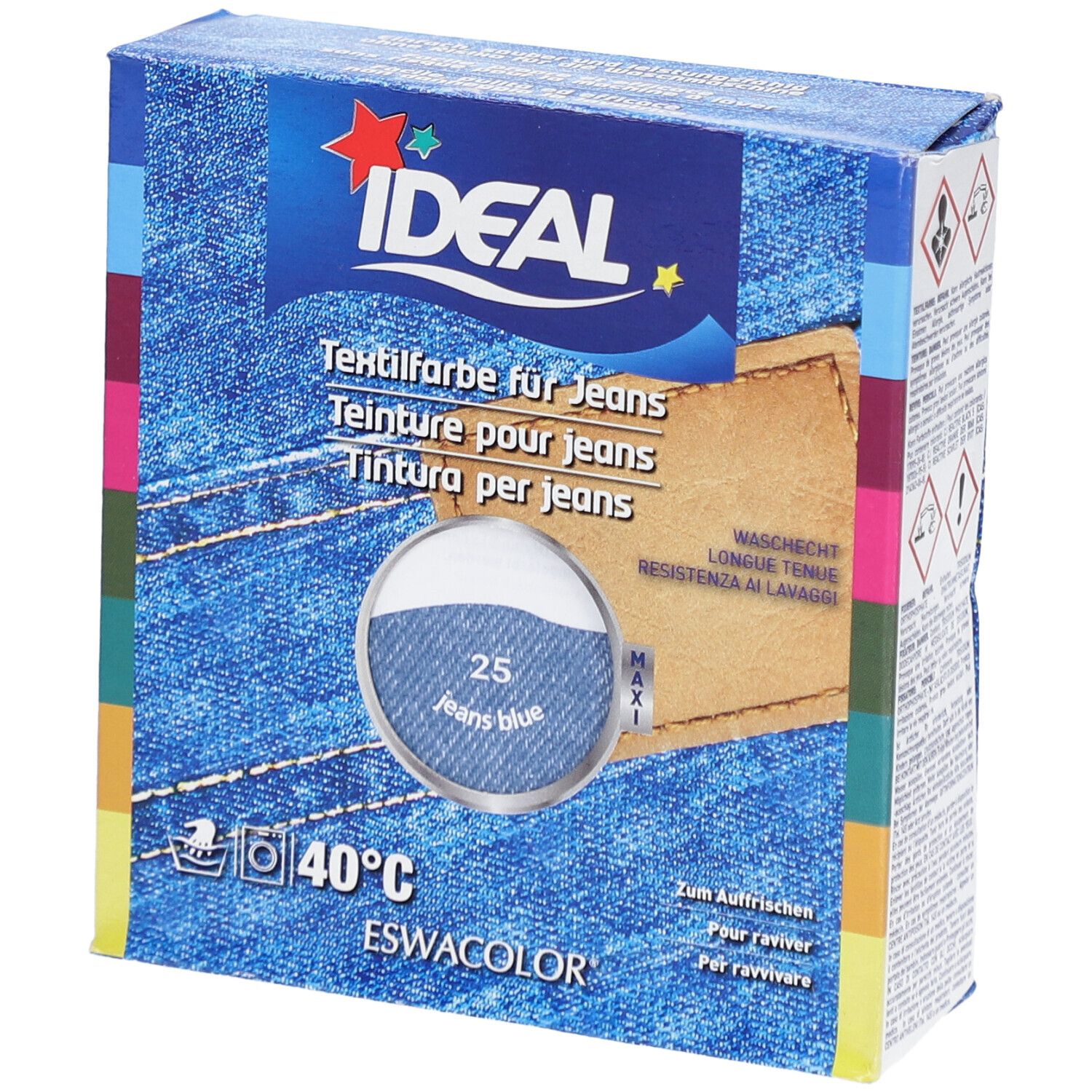 IDEAL Textilfarbe für Jeans. Karton mit Produktabbildung und Farbbezeichnung 25 Jeans Blau. Waschhinweis 40°C.