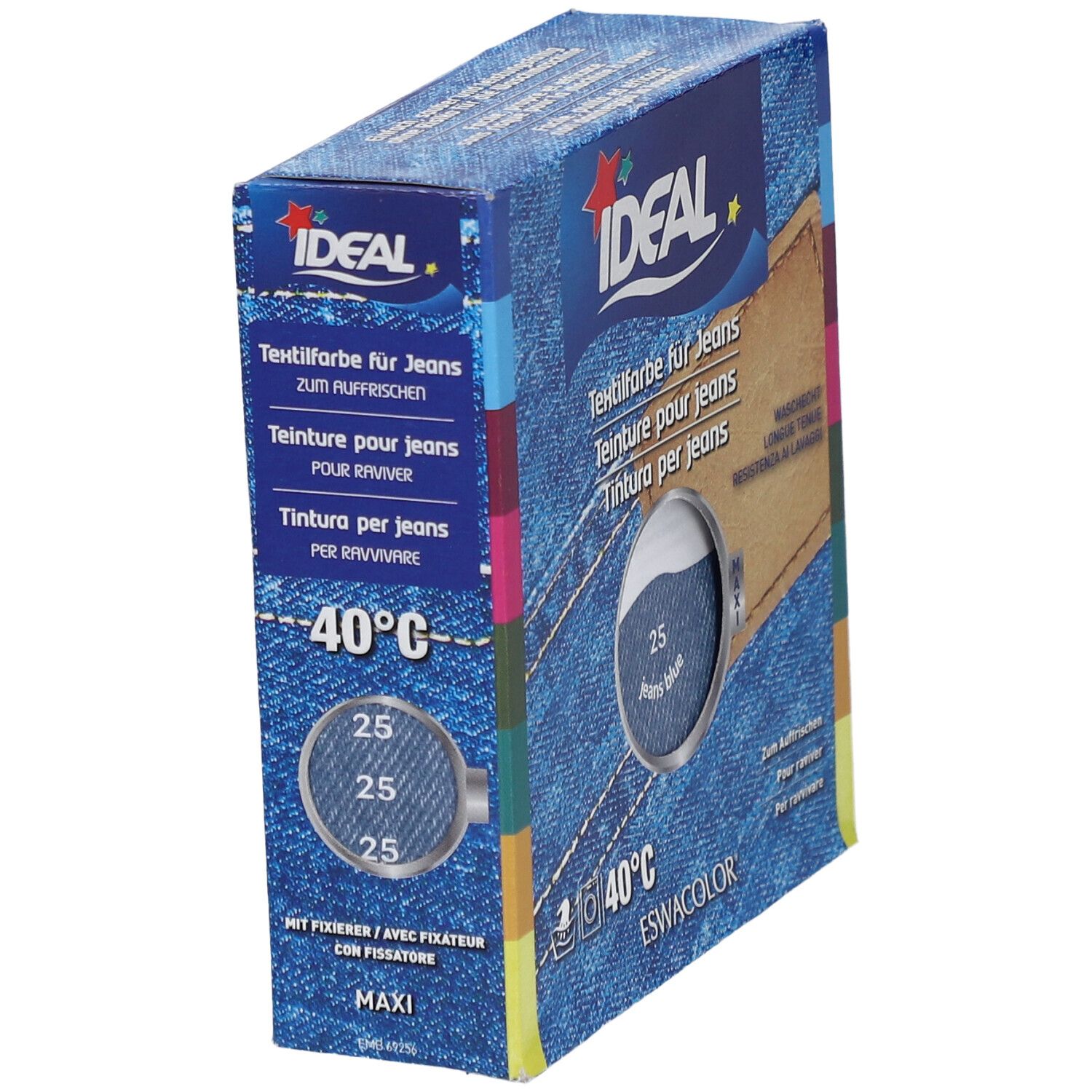 IDEAL Textilfarbe für Jeans. Schräg stehende Produktverpackung mit Farbbezeichnung 25 Jeans Blau. Waschhinweis 40°C.