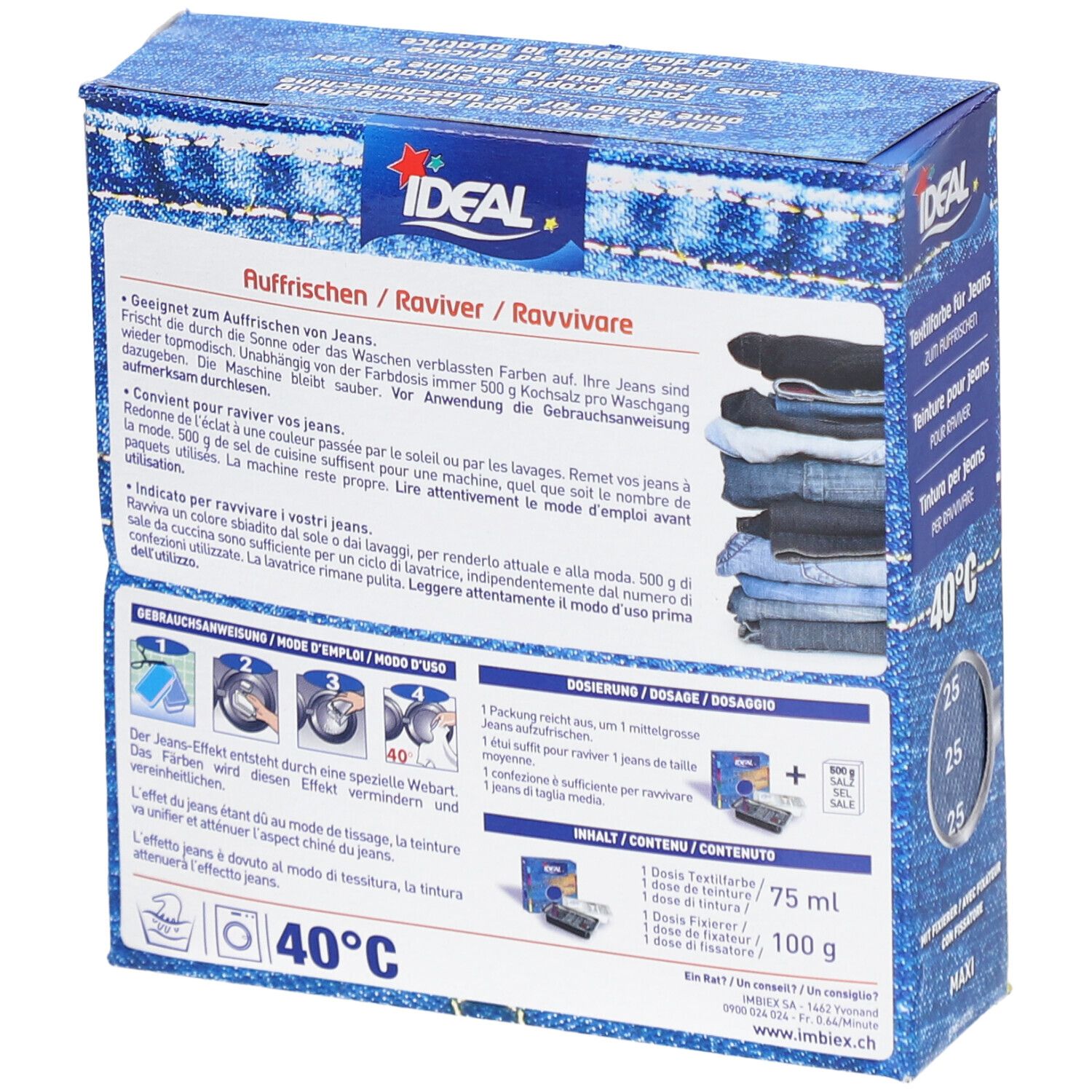 Rückseite der IDEAL Textilfarbe für Jeans. Produktinformationen, Anwendungshinweise, Dosierung und Inhaltsstoffe. Waschhinweis 40°C.