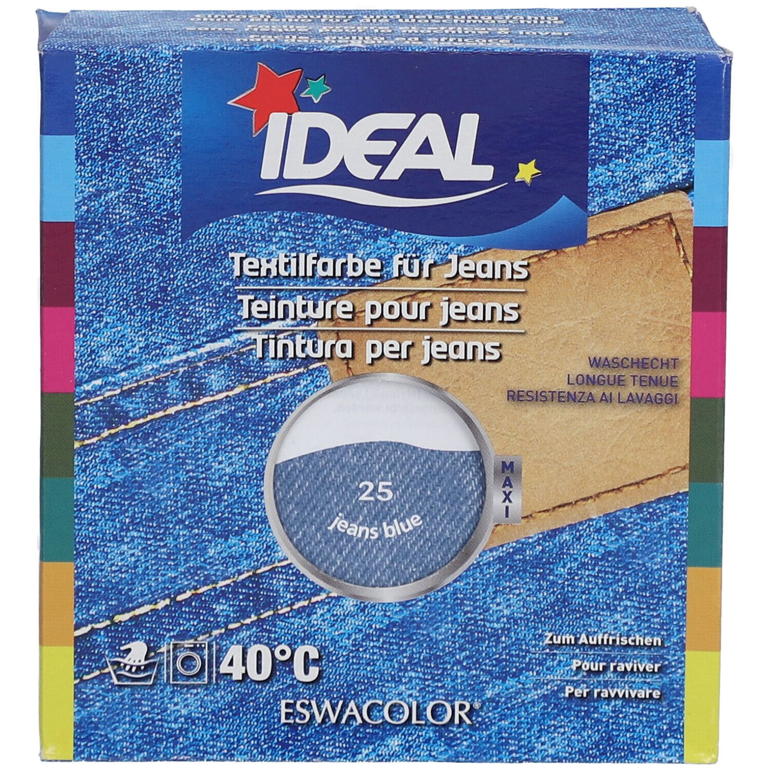 IDEAL Textilfarbe für Jeans. Produktverpackung mit Farbbezeichnung 25 Jeans Blau. Waschhinweis 40°C. Marke ESWACOLOR.