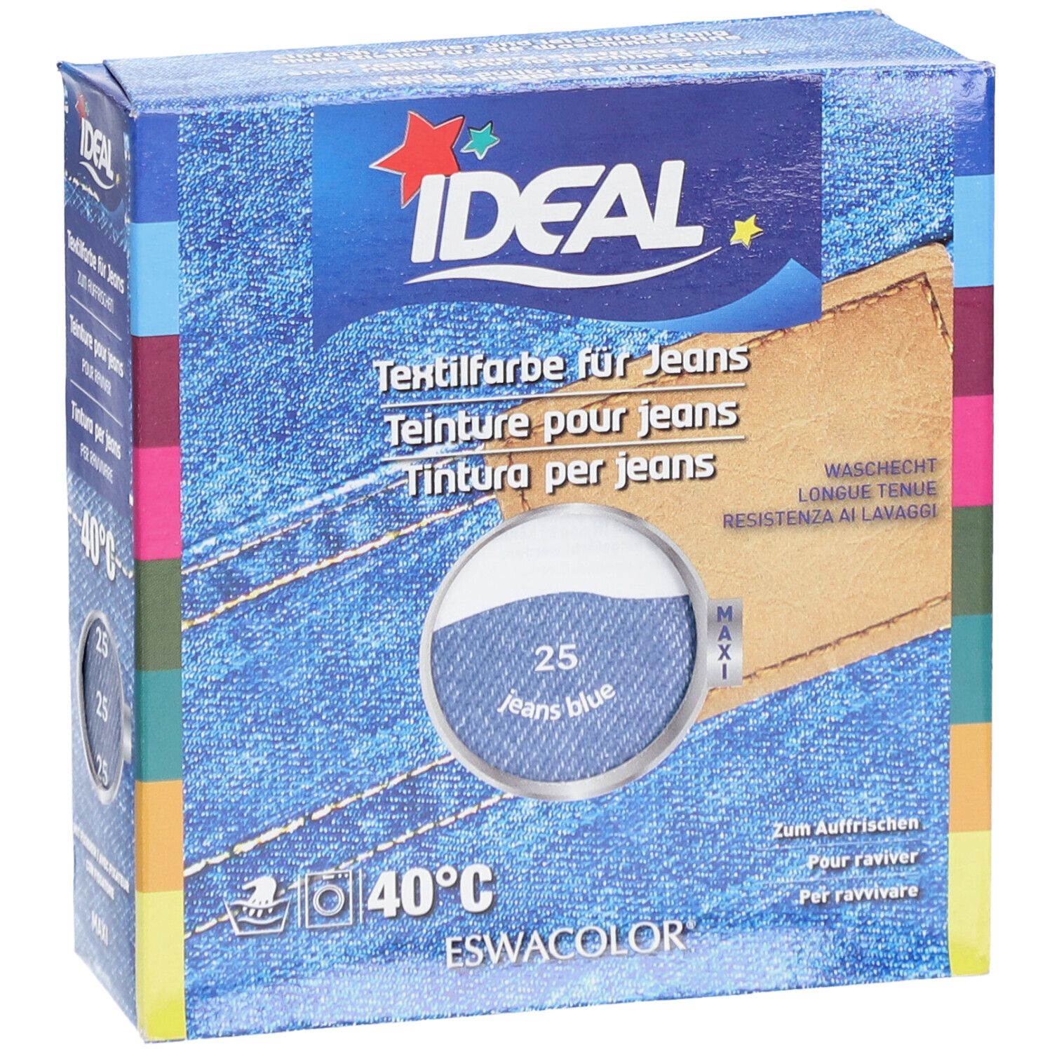 IDEAL Textilfarbe für Jeans. Produktverpackung mit Farbbezeichnung 25 Jeans Blau. Waschhinweis 40°C. Marke ESWACOLOR.