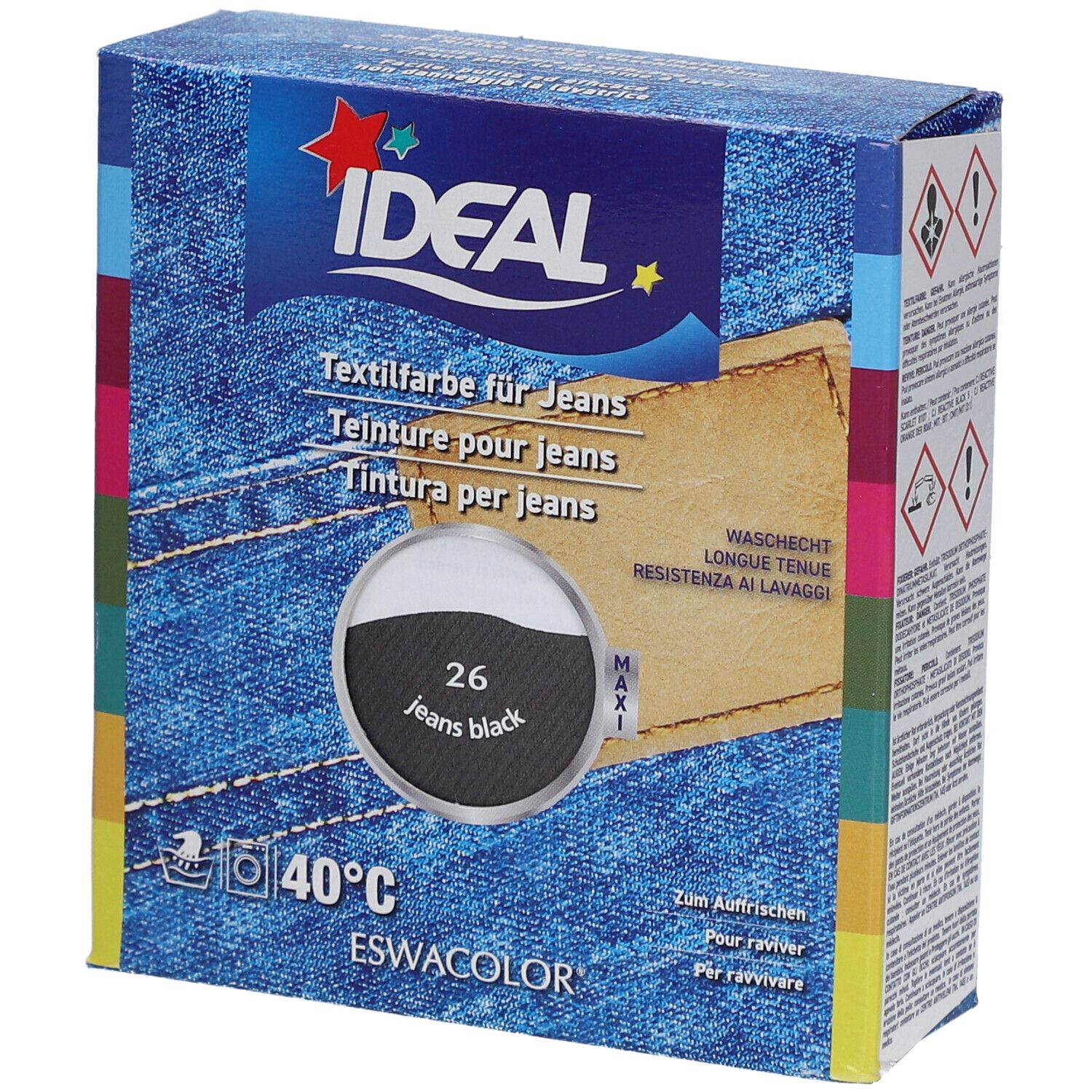 IDEAL Textilfarbe für Jeans. Schwarze Farbe 26. Waschbar bei 40°C. Verpackung mit Produktinformationen.