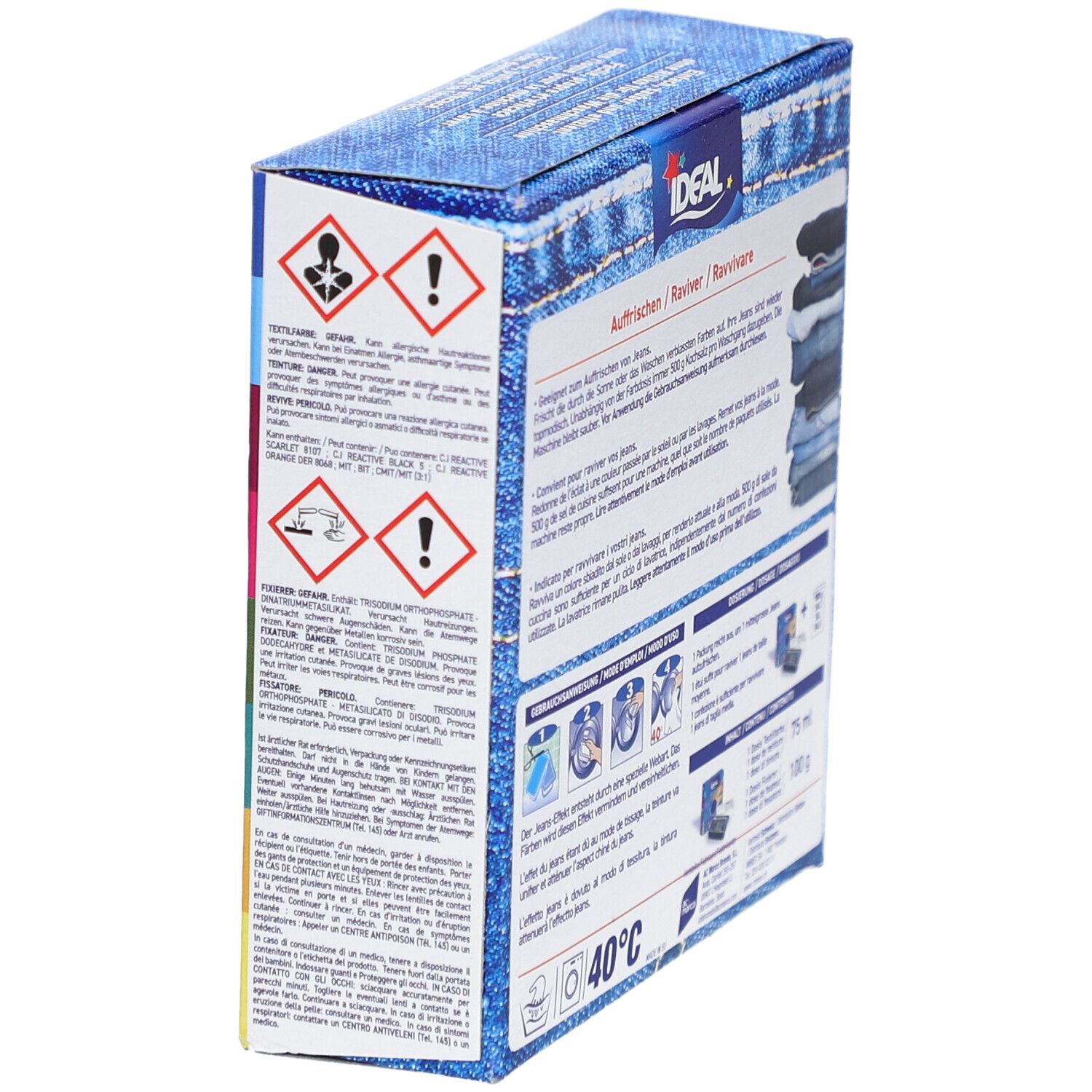 Rückseite der IDEAL Textilfarbe für Jeans. Warnhinweise und Anwendungshinweise. Waschbar bei 40°C.