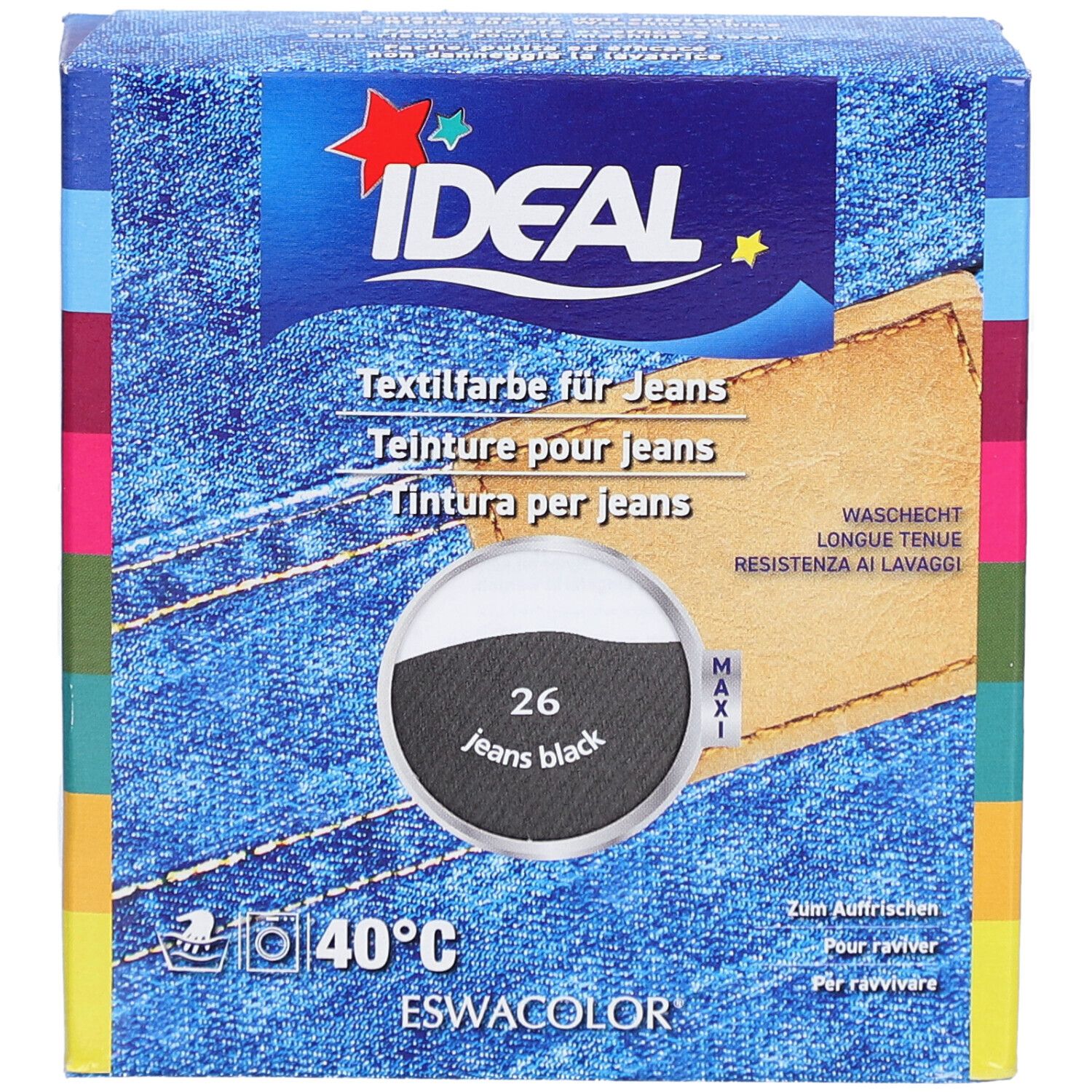 IDEAL Textilfarbe für Jeans. Schwarze Farbe 26. Waschbar bei 40°C. Verpackung mit Produktinformationen.