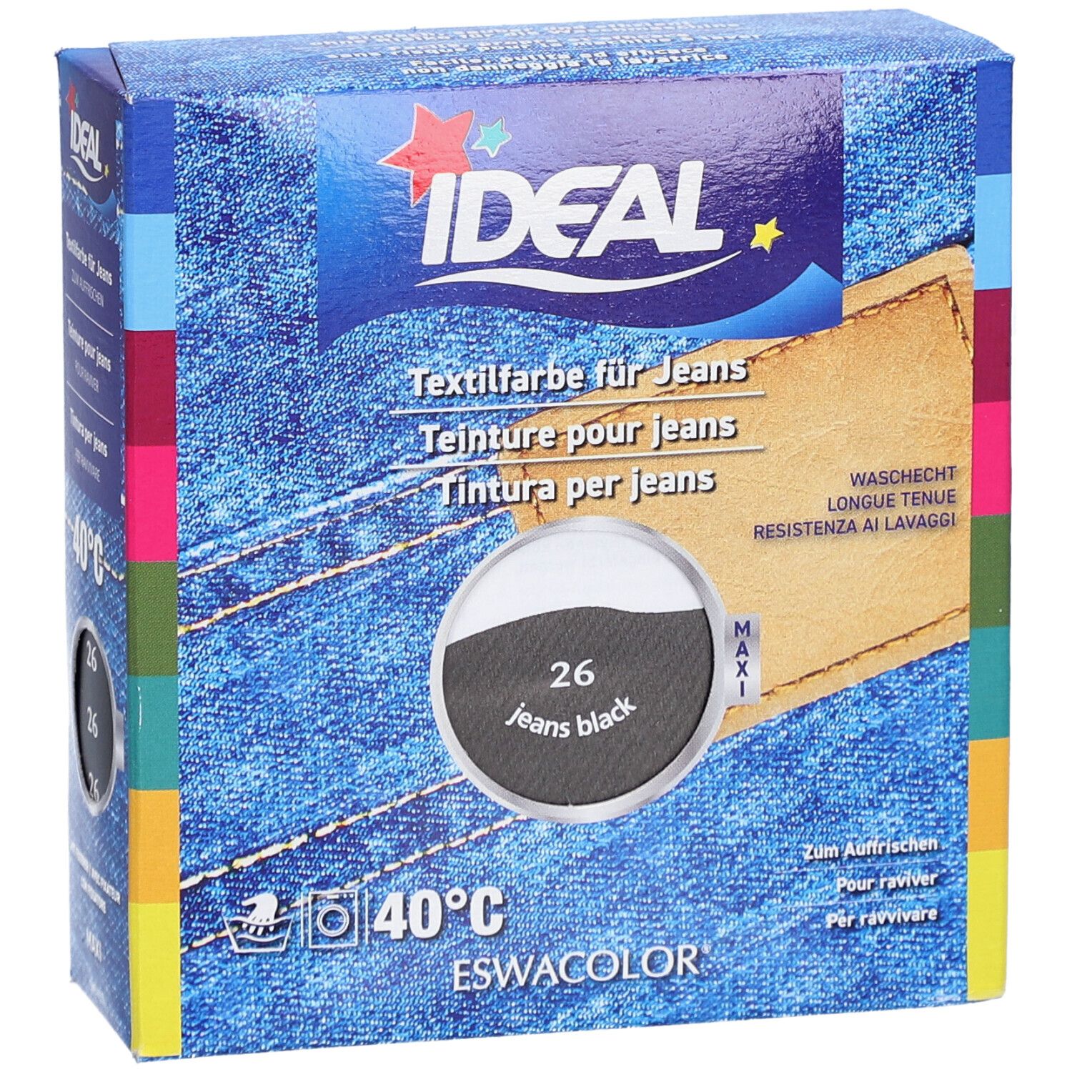 IDEAL Textilfarbe für Jeans. Schwarze Farbe 26. Waschbar bei 40°C. Verpackung mit Produktinformationen.