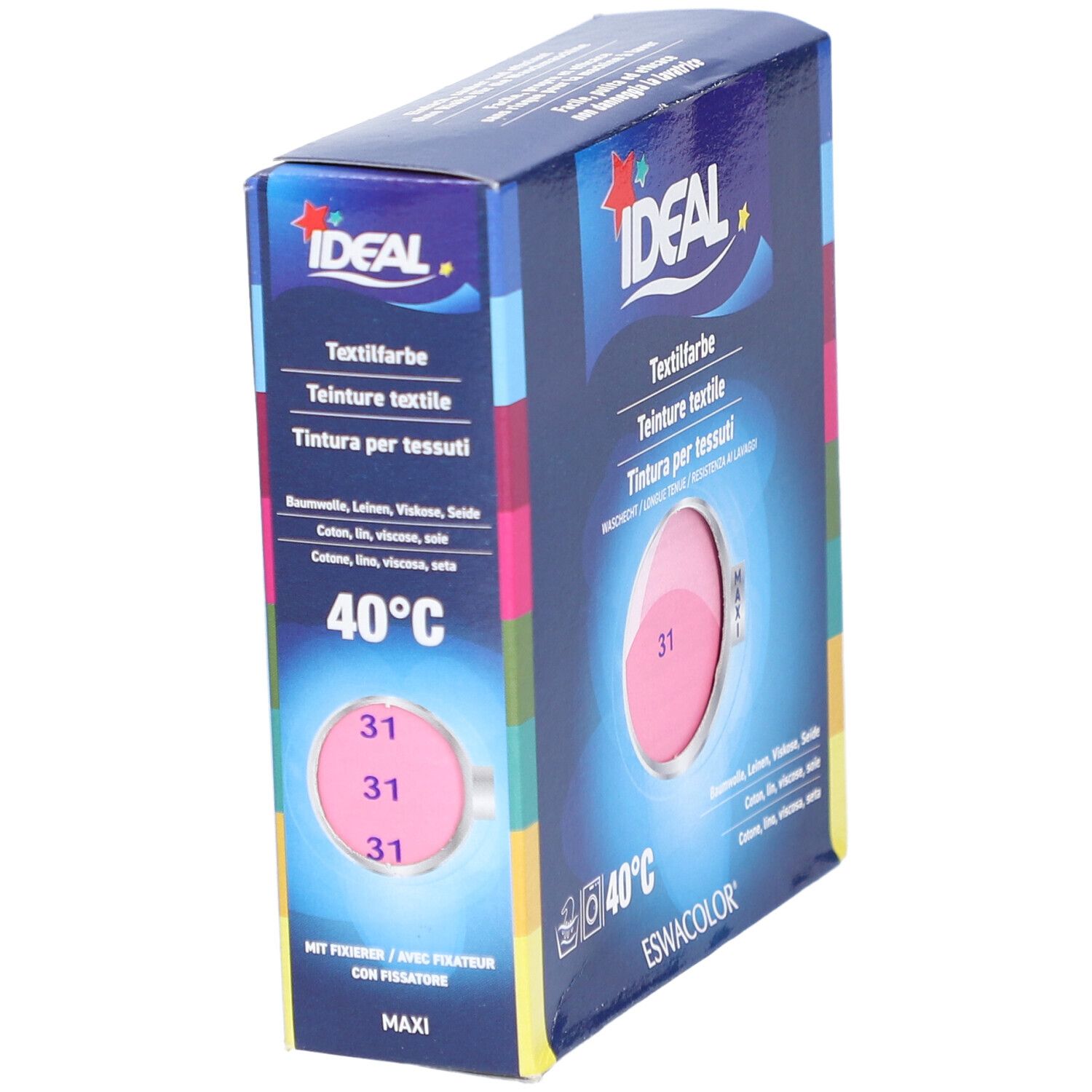 IDEAL Textilfarbe, Pink. Verpackung mit Produktabbildung und Text. Waschhinweis 40°C. Mehrere Packungen abgebildet.
