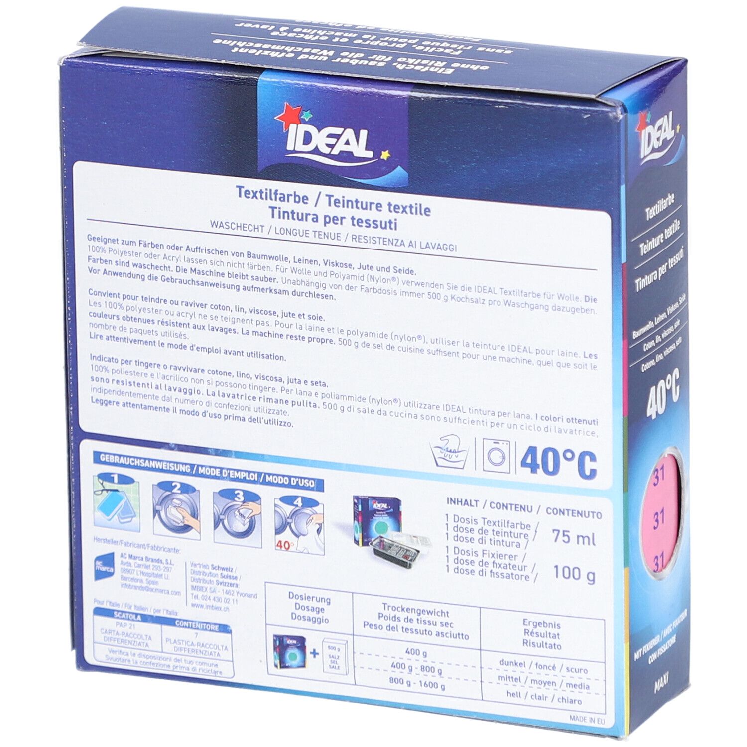 IDEAL Textilfarbe, Pink. Rückseite der Verpackung mit Produktinformationen, Waschhinweisen und Dosierung. Waschhinweis 40°C.