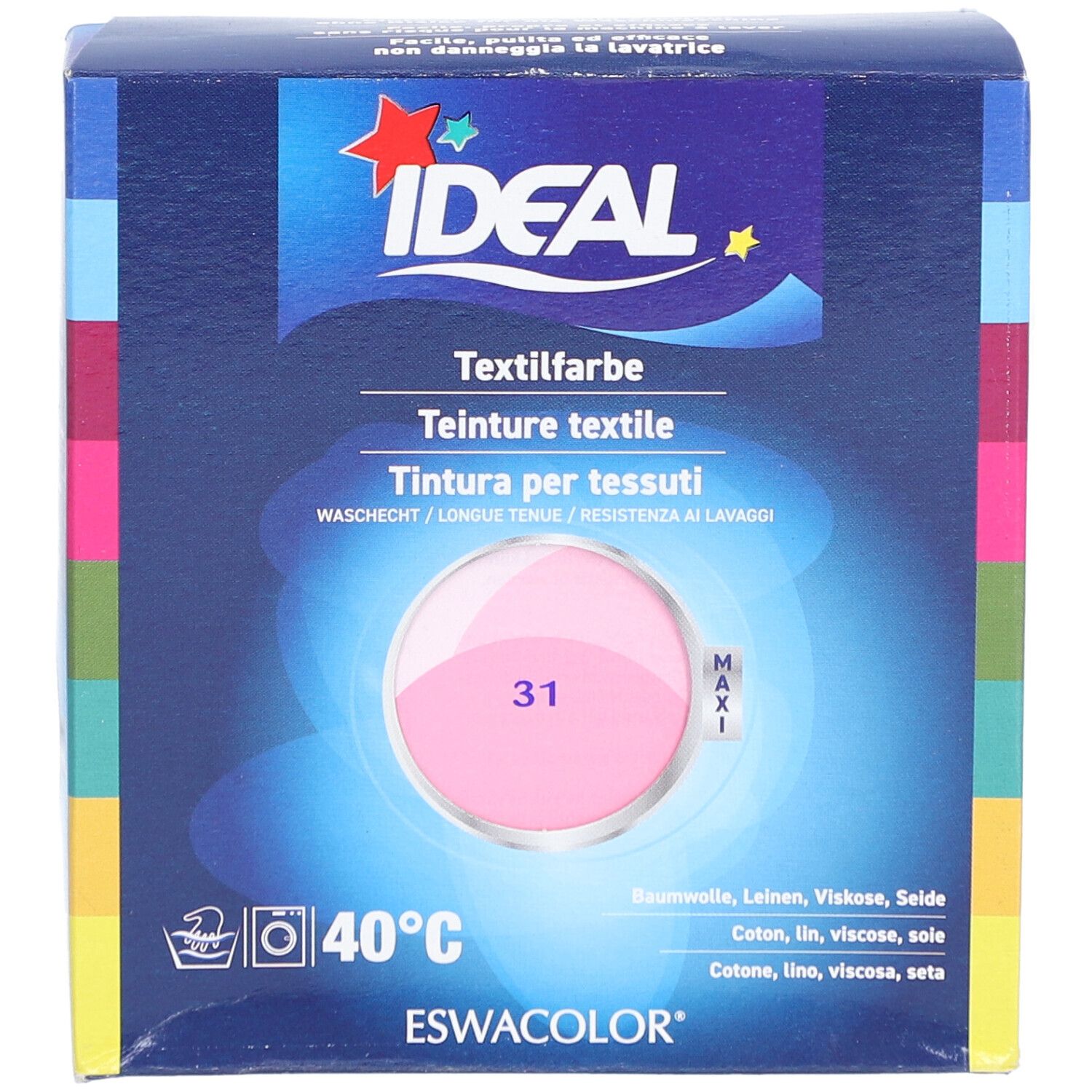 IDEAL Textilfarbe, Pink. Verpackung mit Produktabbildung und Text. Waschhinweis 40°C. Geeignet für Baumwolle, Leinen, Viskose, Seide.