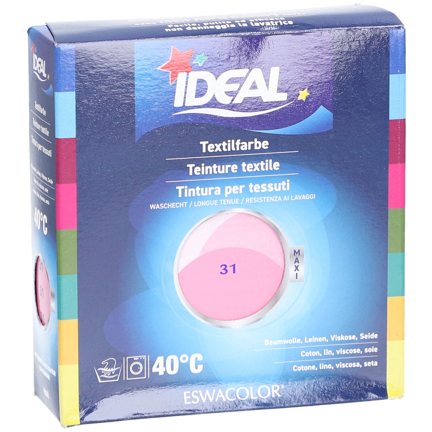 IDEAL Textilfarbe, Pink. Verpackung mit Produktabbildung und Text. Waschhinweis 40°C. Geeignet für Baumwolle, Leinen, Viskose, Seide.