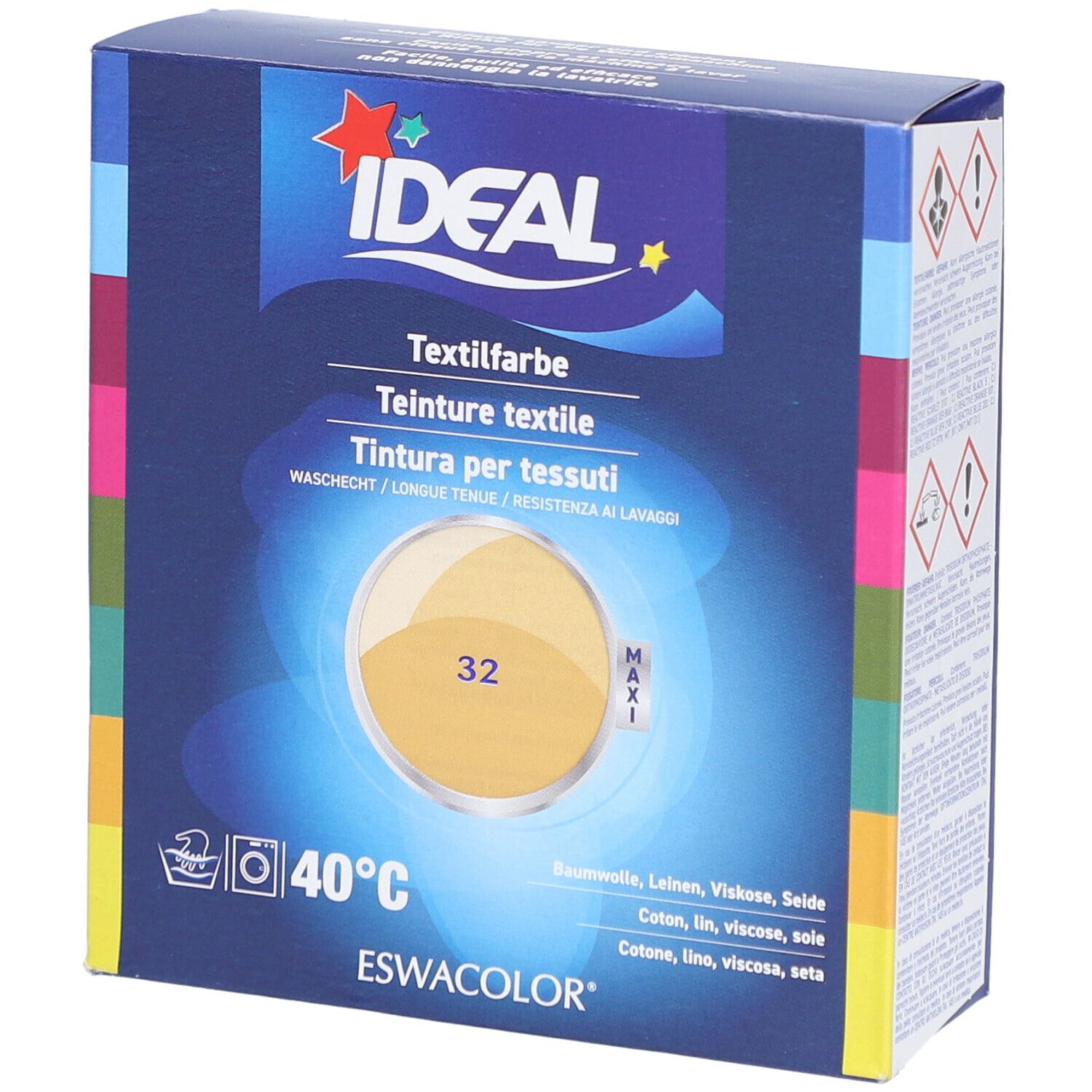 Verpackung von Textilfarbe. Marke IDEAL. Farbton 32 Beige. Waschsymbol und Temperaturangabe 40°C.