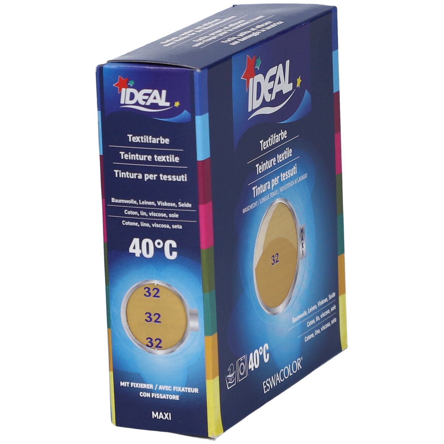 Schräg stehende Verpackung von Textilfarbe. Marke IDEAL. Farbton 32 Beige. Temperaturangabe 40°C.