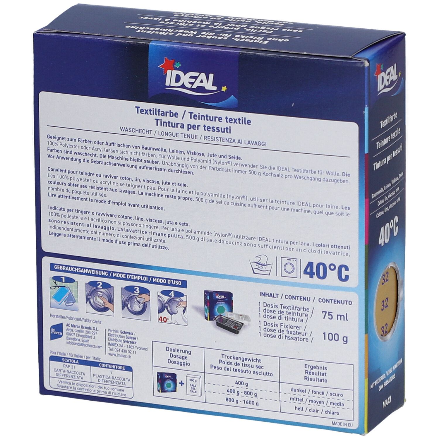 Rückseite der Textilfarbenverpackung. Marke IDEAL. Informationen zu Inhaltsstoffen und Anwendung. Temperaturangabe 40°C.