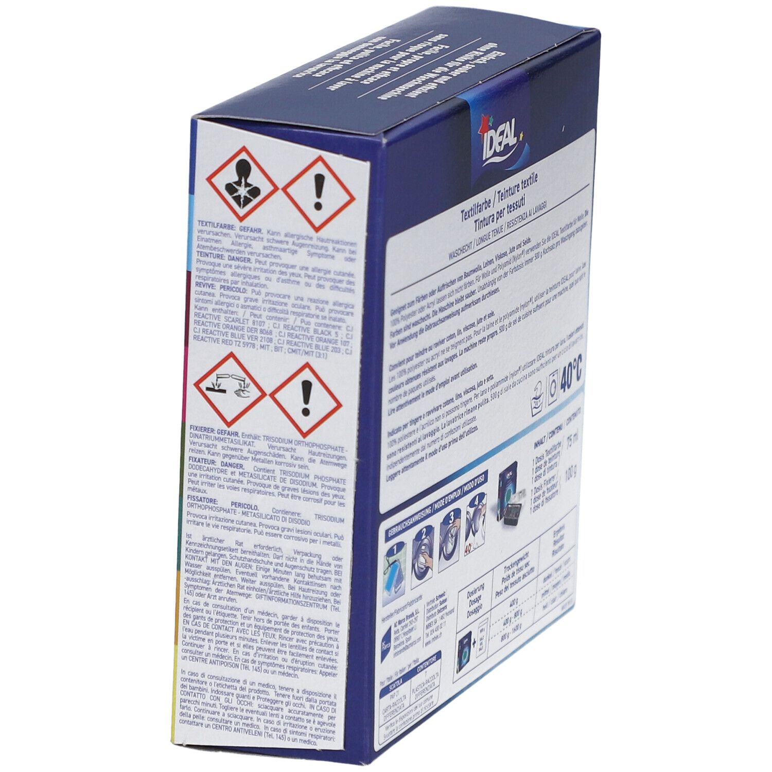 Verpackung von Textilfarbe. Warnhinweise und Piktogramme. Marke IDEAL. Temperaturangabe 40°C.