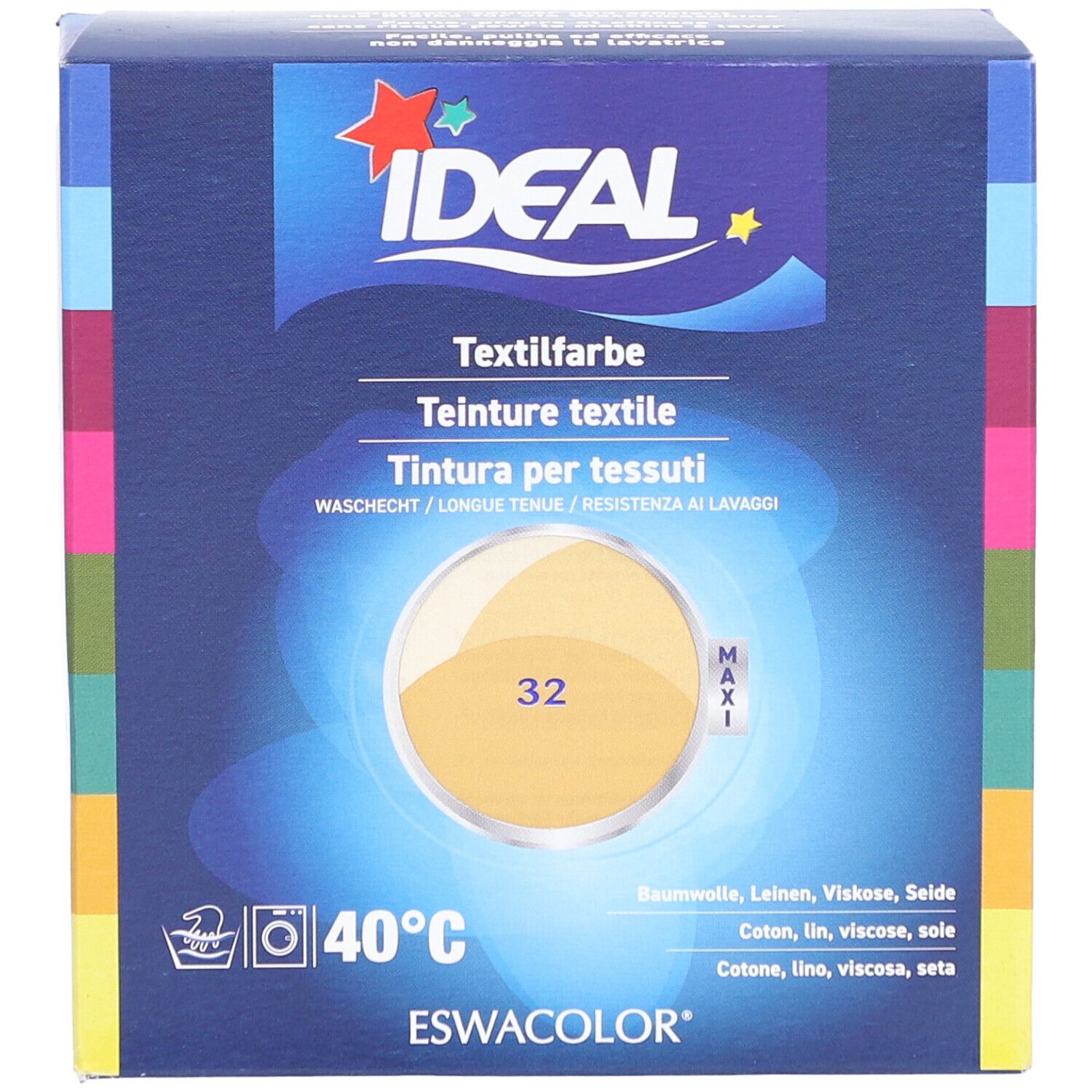 Verpackung von Textilfarbe. Marke IDEAL. Farbton 32 Beige. Waschsymbol und Temperaturangabe 40°C.