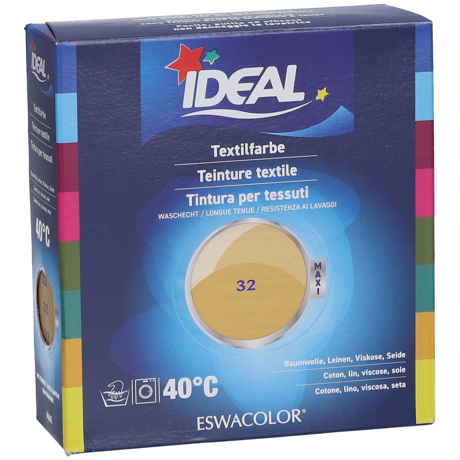Verpackung von Textilfarbe. Marke IDEAL. Farbton 32 Beige. Waschsymbol und Temperaturangabe 40°C.