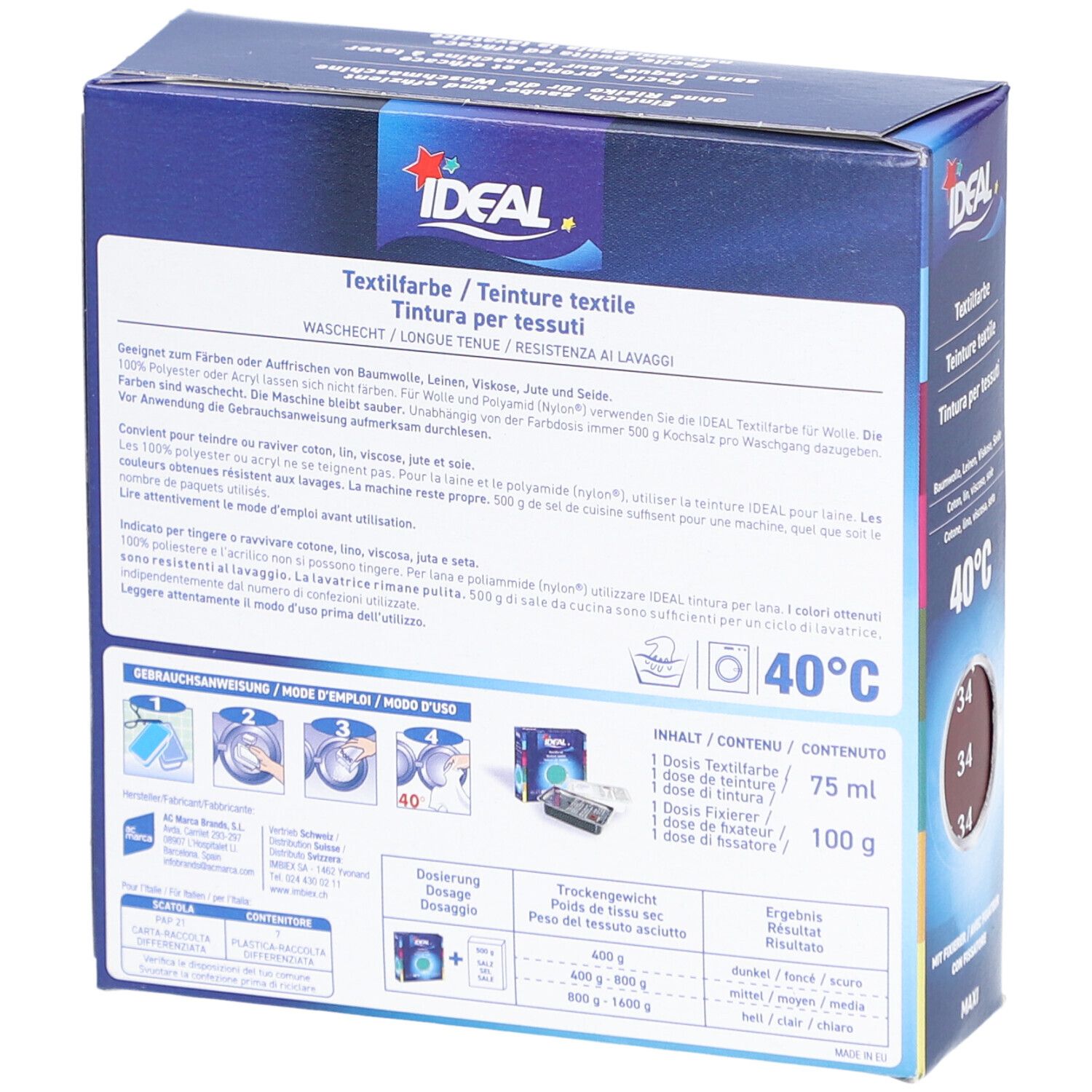 Rückseite der IDEAL Textilfarbe Verpackung. Informationen zur Anwendung und Inhaltsstoffe. Waschbar bei 40°C.
