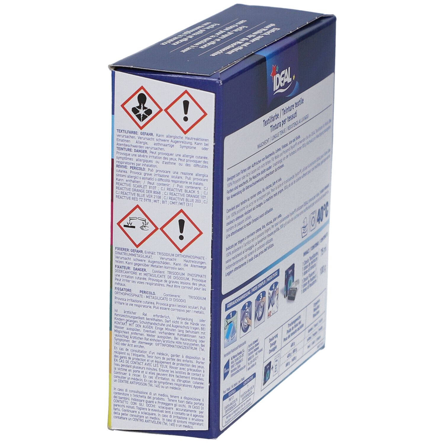 Rückseite der IDEAL Textilfarbe Verpackung. Warnhinweise und Piktogramme. Waschbar bei 40°C.