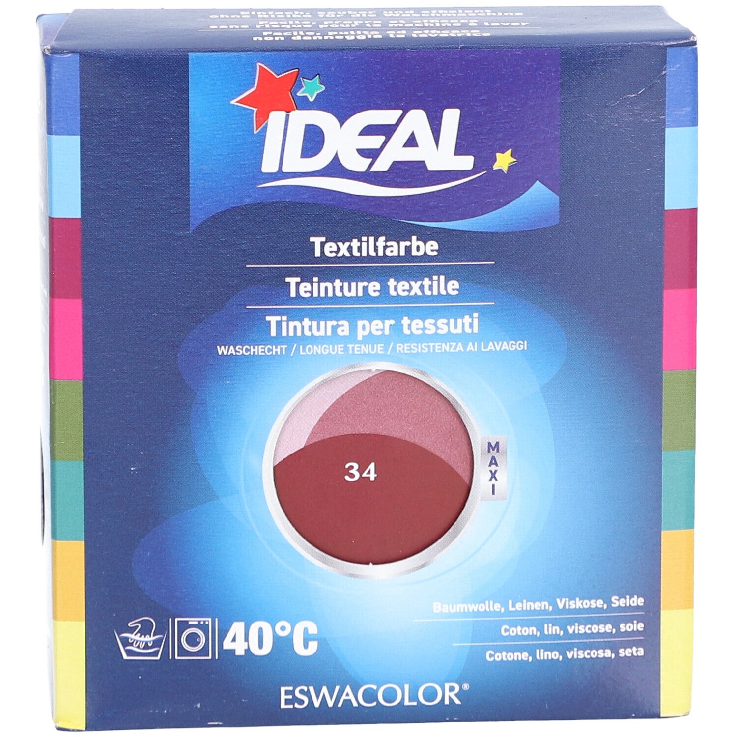 IDEAL Textilfarbe, 34 Bordeaux. Verpackung mit Farbmuster. Waschbar bei 40°C. Für Baumwolle, Leinen, Viskose, Seide.