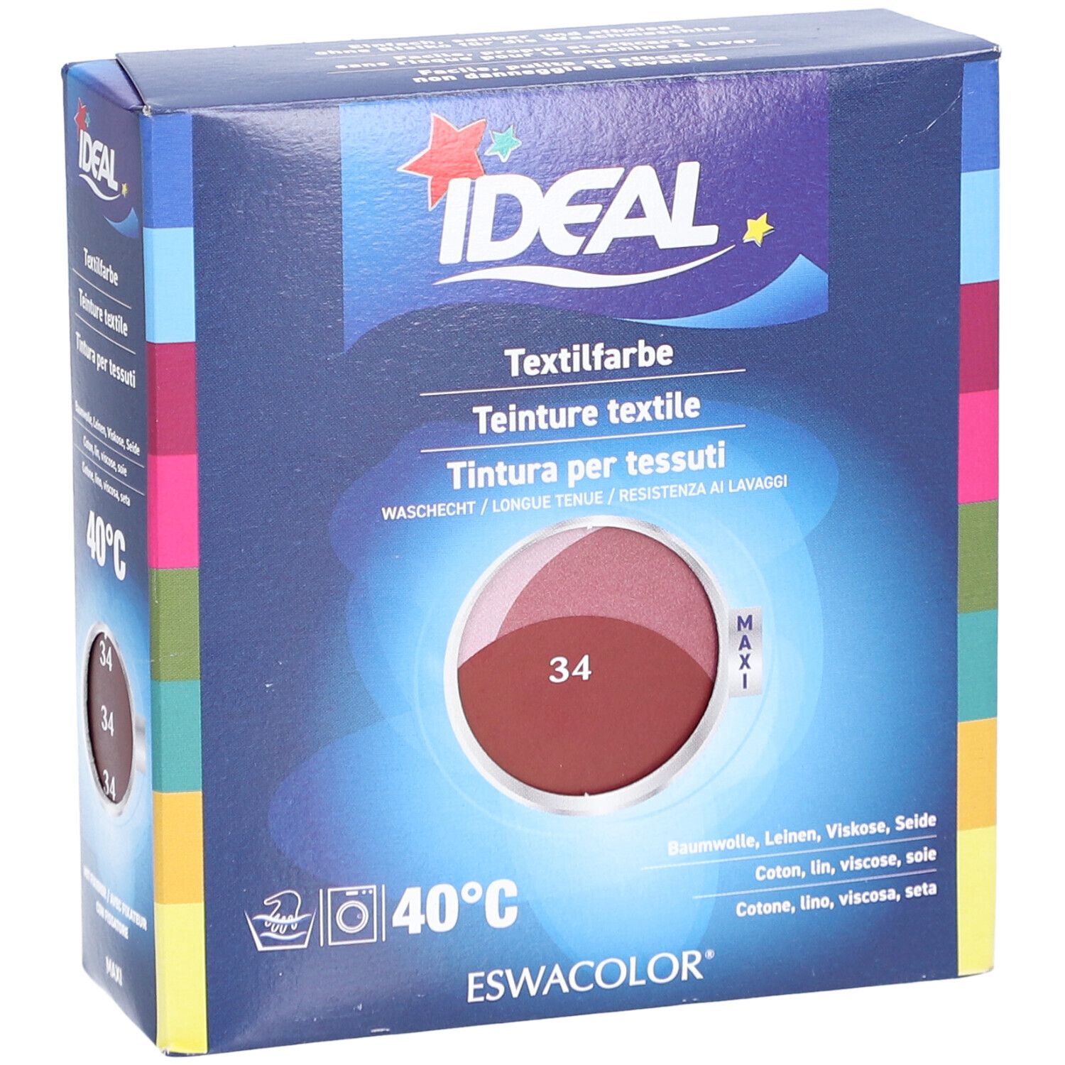 IDEAL Textilfarbe, 34 Bordeaux. Verpackung mit Farbmuster. Waschbar bei 40°C. Für Baumwolle, Leinen, Viskose, Seide.