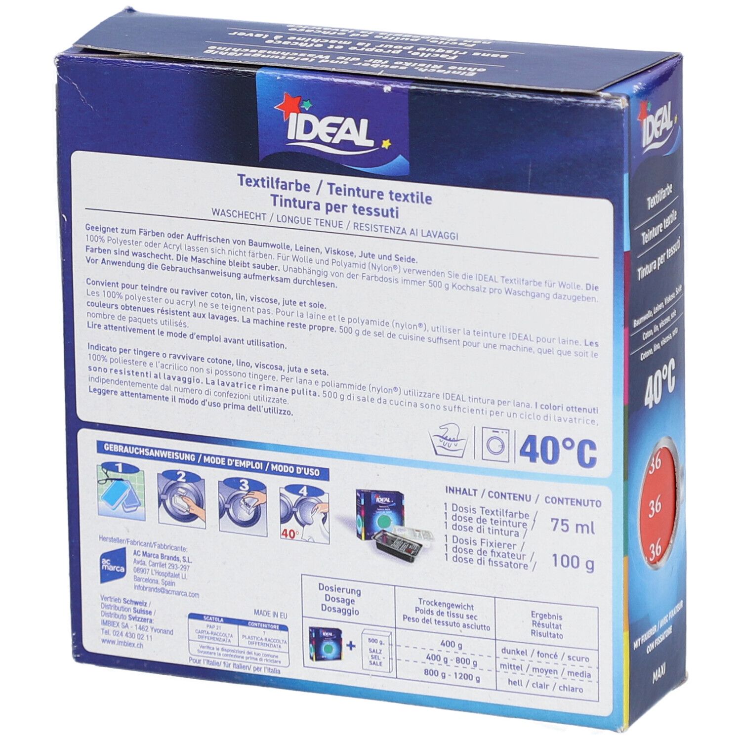 Rückseite der Textilfarbe-Box. IDEAL-Logo. Waschbar bei 40°C. Gebrauchsanweisung und Inhaltsangaben. 75ml Farbe, 100g Fixiermittel.