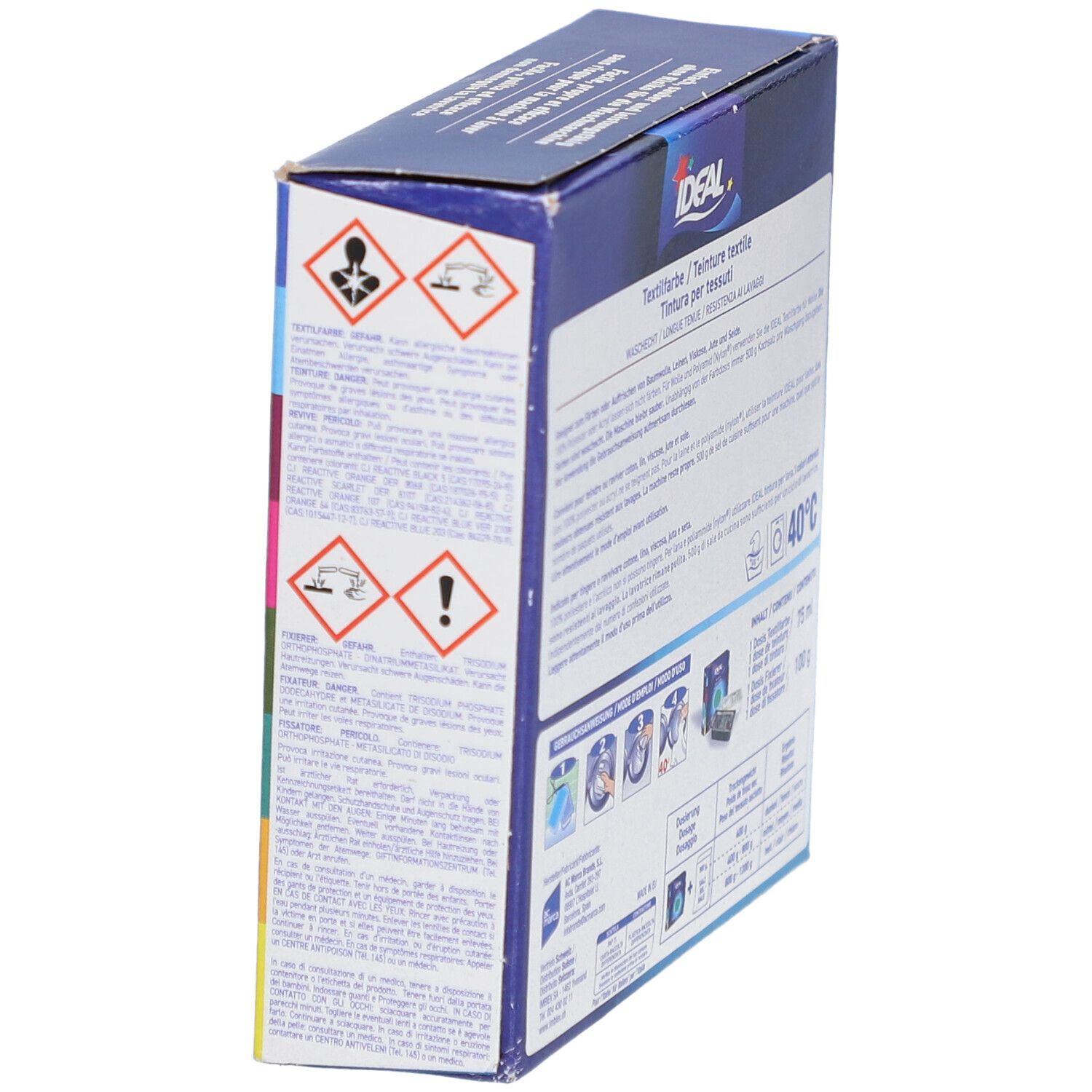 Seite der Textilfarbe-Box. Warnhinweise und Piktogramme. IDEAL-Logo. Waschbar bei 40°C. Für verschiedene Textilien.