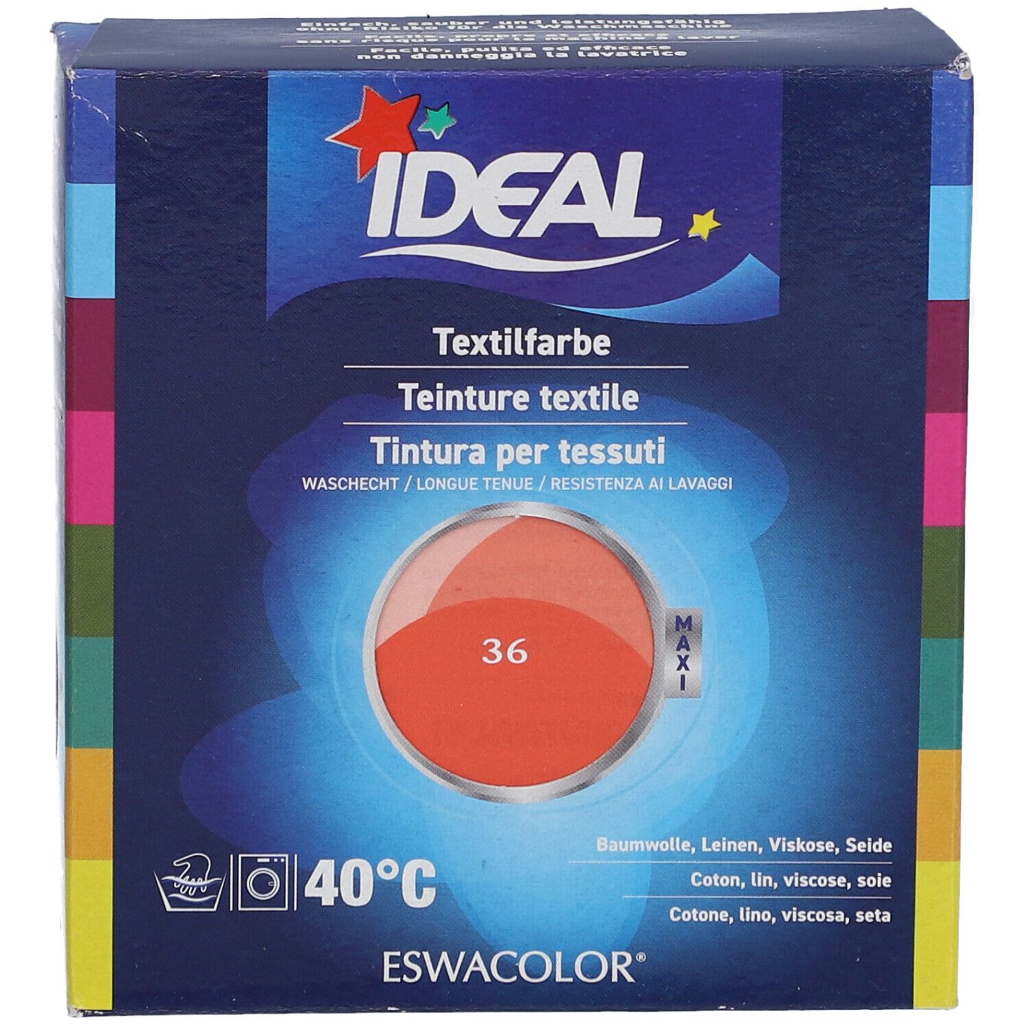 Textilfarbe-Box. IDEAL-Logo. Farbton 36 Koralle. Waschbar bei 40°C. Für Baumwolle, Leinen, Viskose, Seide. ESWACOLOR.