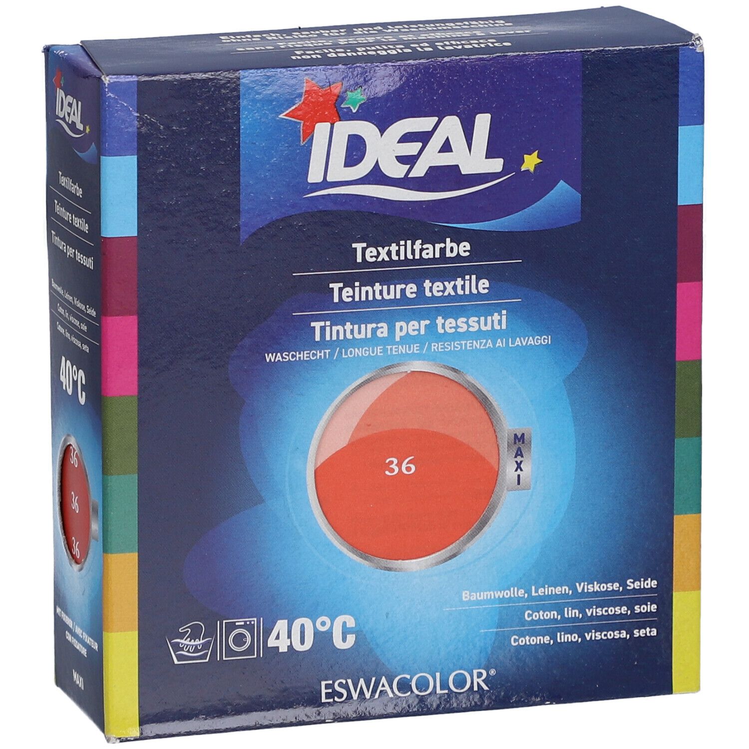 Textilfarbe-Box. IDEAL-Logo. Farbton 36 Koralle. Waschbar bei 40°C. Für Baumwolle, Leinen, Viskose, Seide. ESWACOLOR.